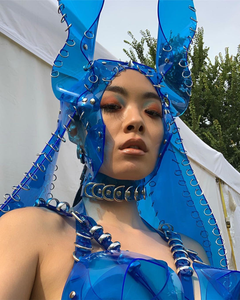Rina Sawayama wears Jivomir Domoustchiev custom clear blue look for Brighton Pride