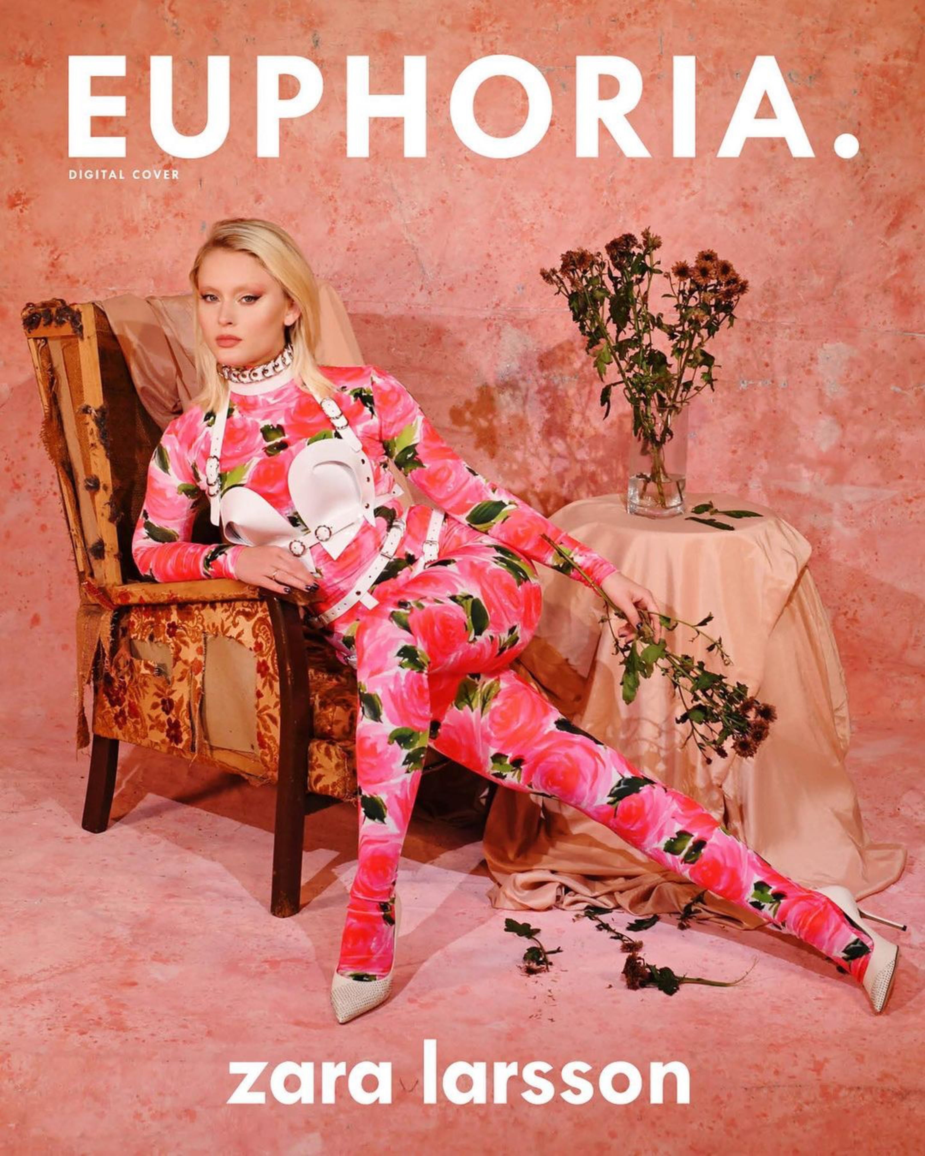Zara Larsson recording artist wearing my white ATÉLIER JIVOMIR vegan vinyl Superhero set  Euphoria Magazine 