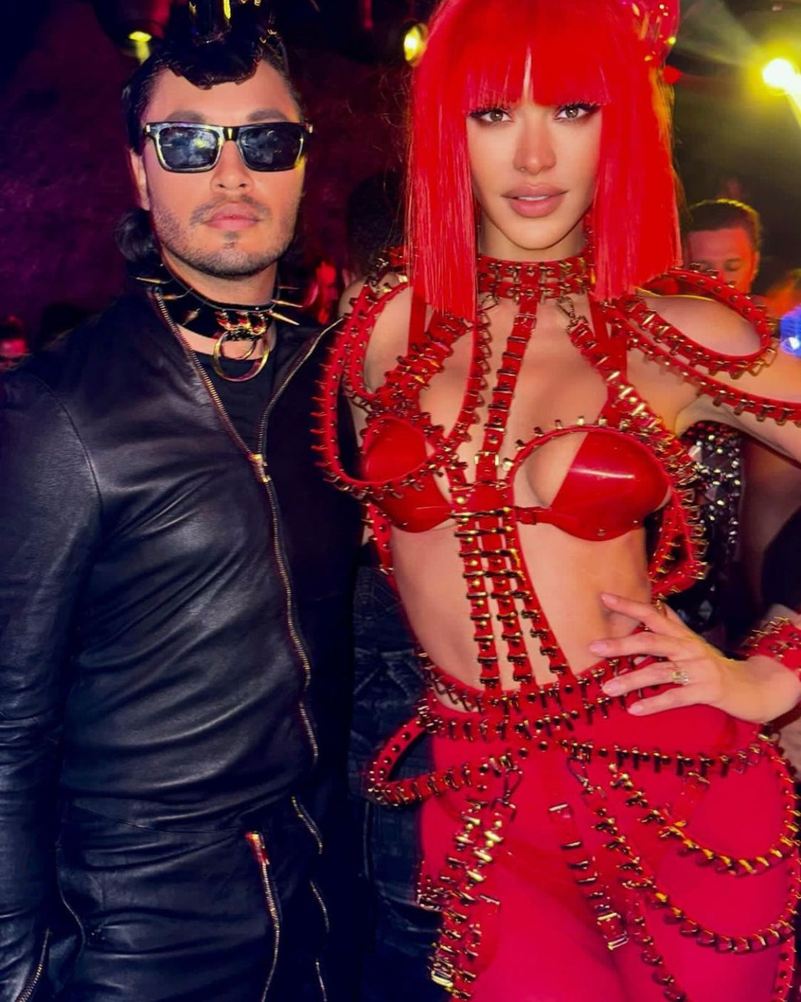 Leila Ben Khalifa wearing custom ATÉLIER JIVOMIR red Mini Ring Cage Dress in Soho New York