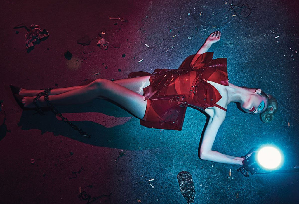 Elle Fanning Wearing Custom Jivomir Domoustchiev  transparent red sculpture dress V Magazine Styled by Patti Wilson photographed by Steven Klein Neon Demon film feature