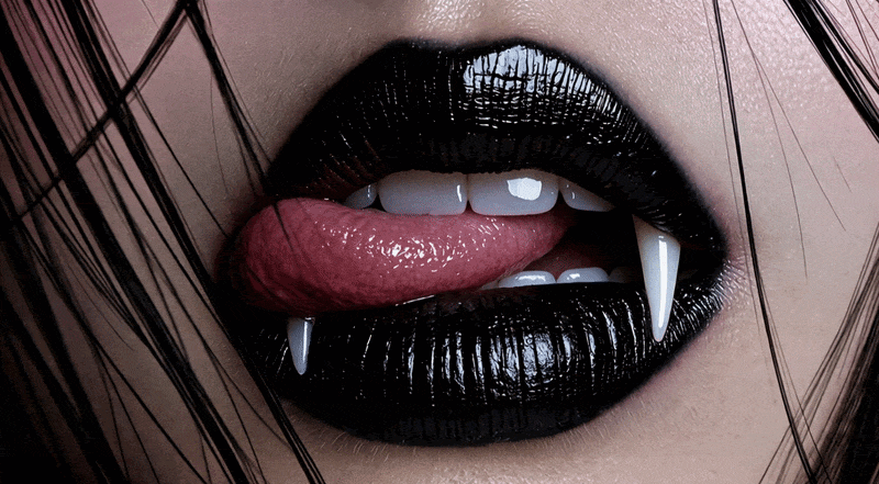 HALLOWEEN COLLECTIO LUXURY VEGAN VINYL GILR LICKING LIPS WITH VAMPIRE THEETH AND SMILE