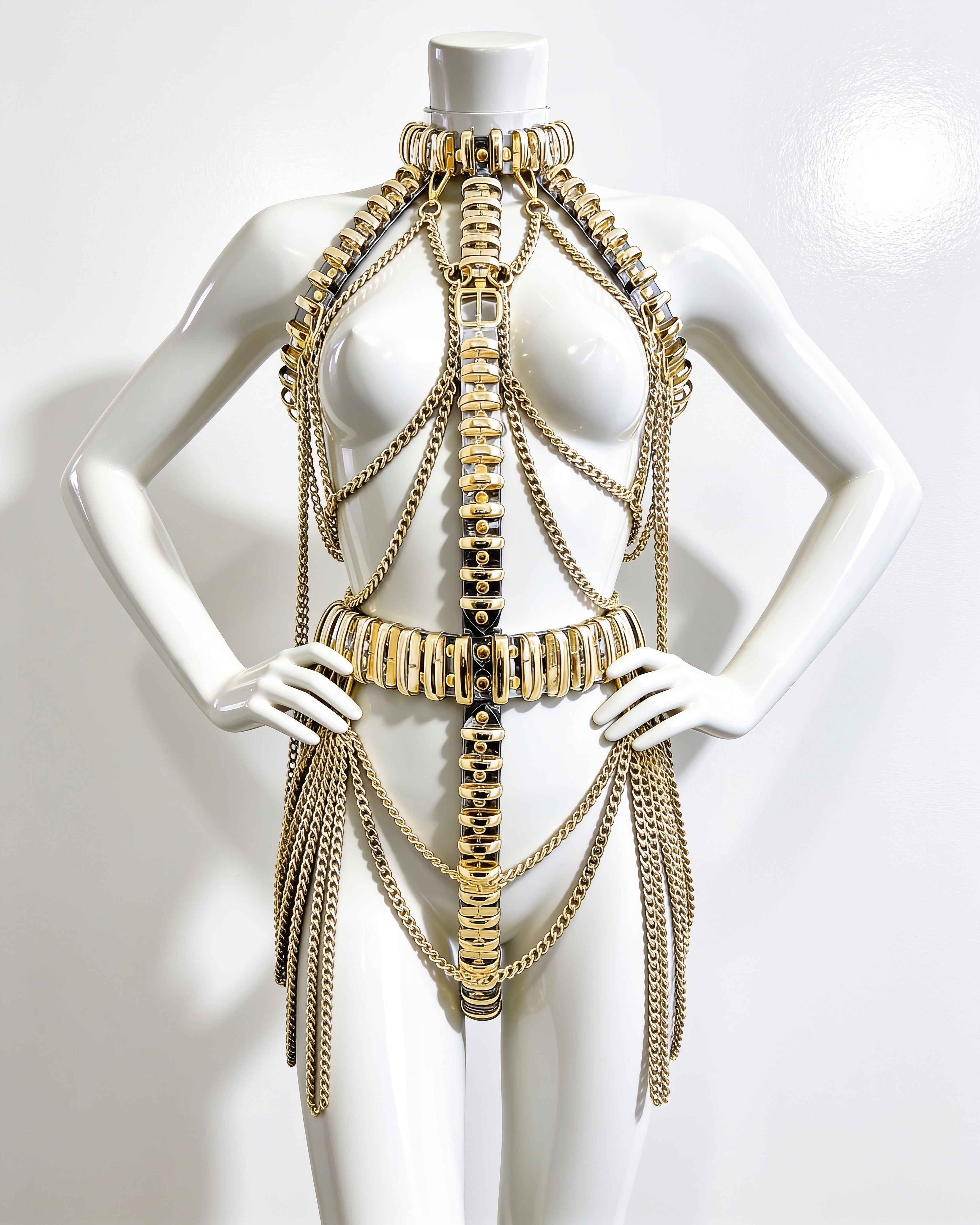 ATÉLIER JIVOMIR CRAZY MULTI CHAIN RING HARNESS DRESS IN CLEAR VINY AND GOLD 
