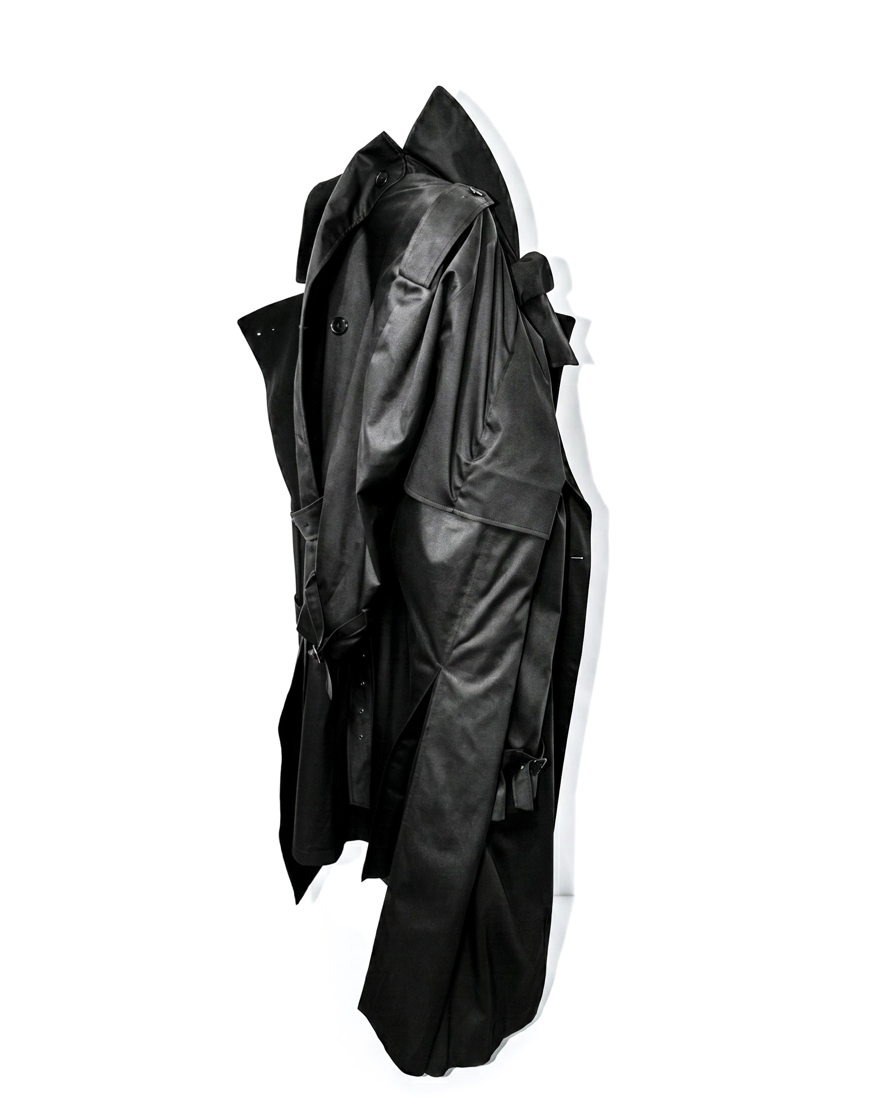 ATELIER JIVOMIR ORIGIONAL DOUBLE TRENCH WEARABLE SCULPTURE TWO TONE REPURPOSEED LUXURY FASHION COAT SIDE