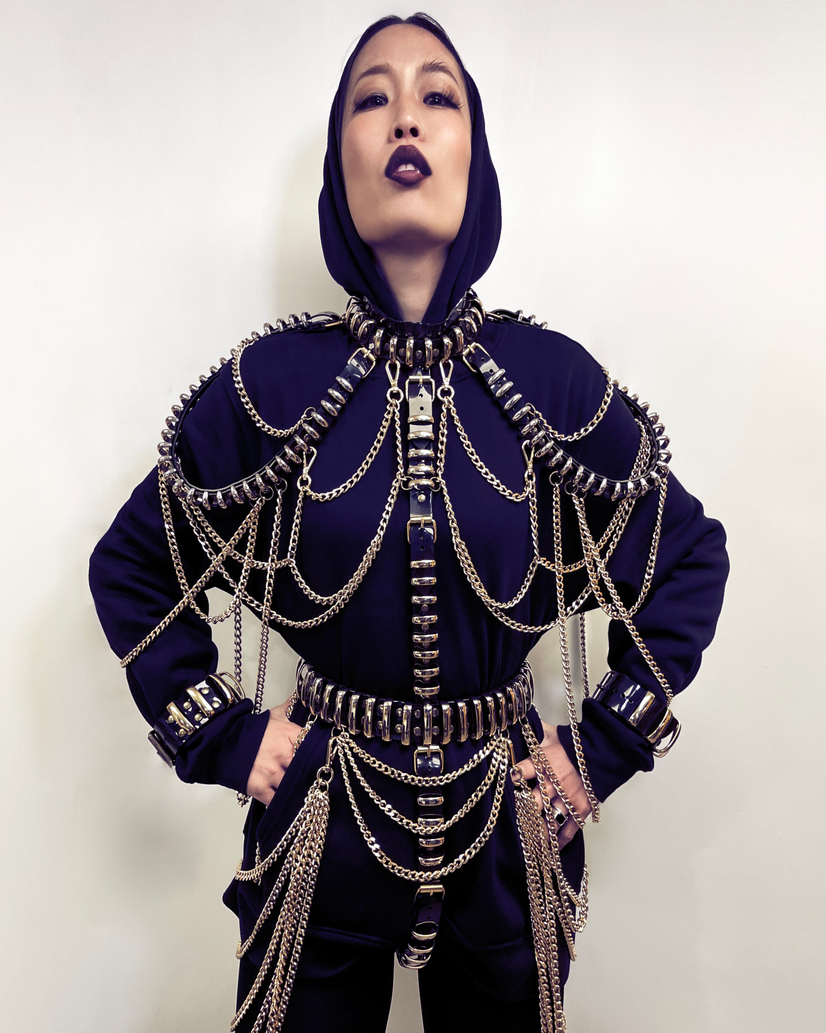 ATÉLIER JIVOMIR CRAZY MULTI CHAIN RING HARNESS DRESS IN CLEAR VINY AND GOLD 