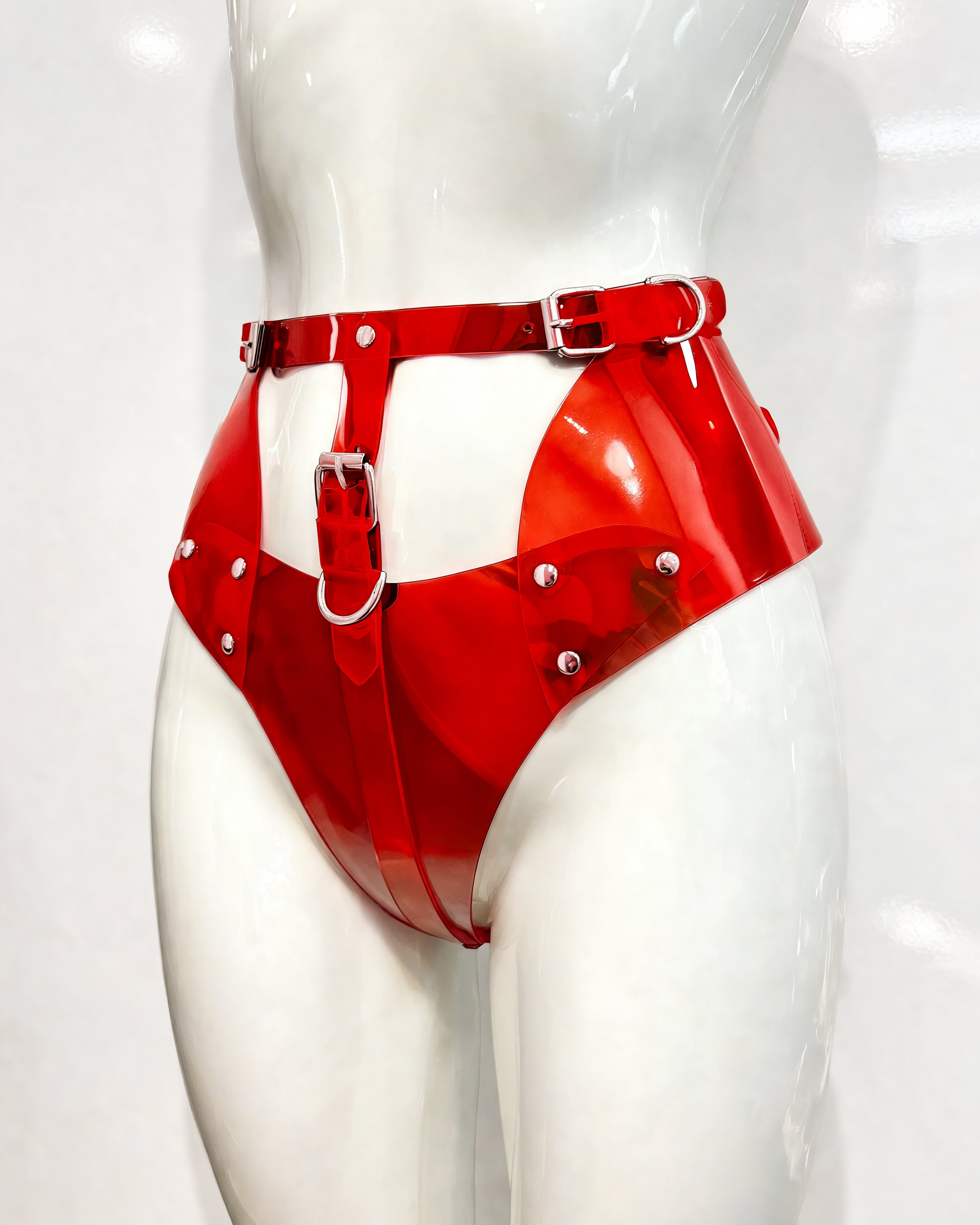 ATÉLIER JIVOMIR LUXURY VEGAN VINYL ROBO HIPSTER LENGIERIE INTIMATES KNICKERS RED CLEAR
