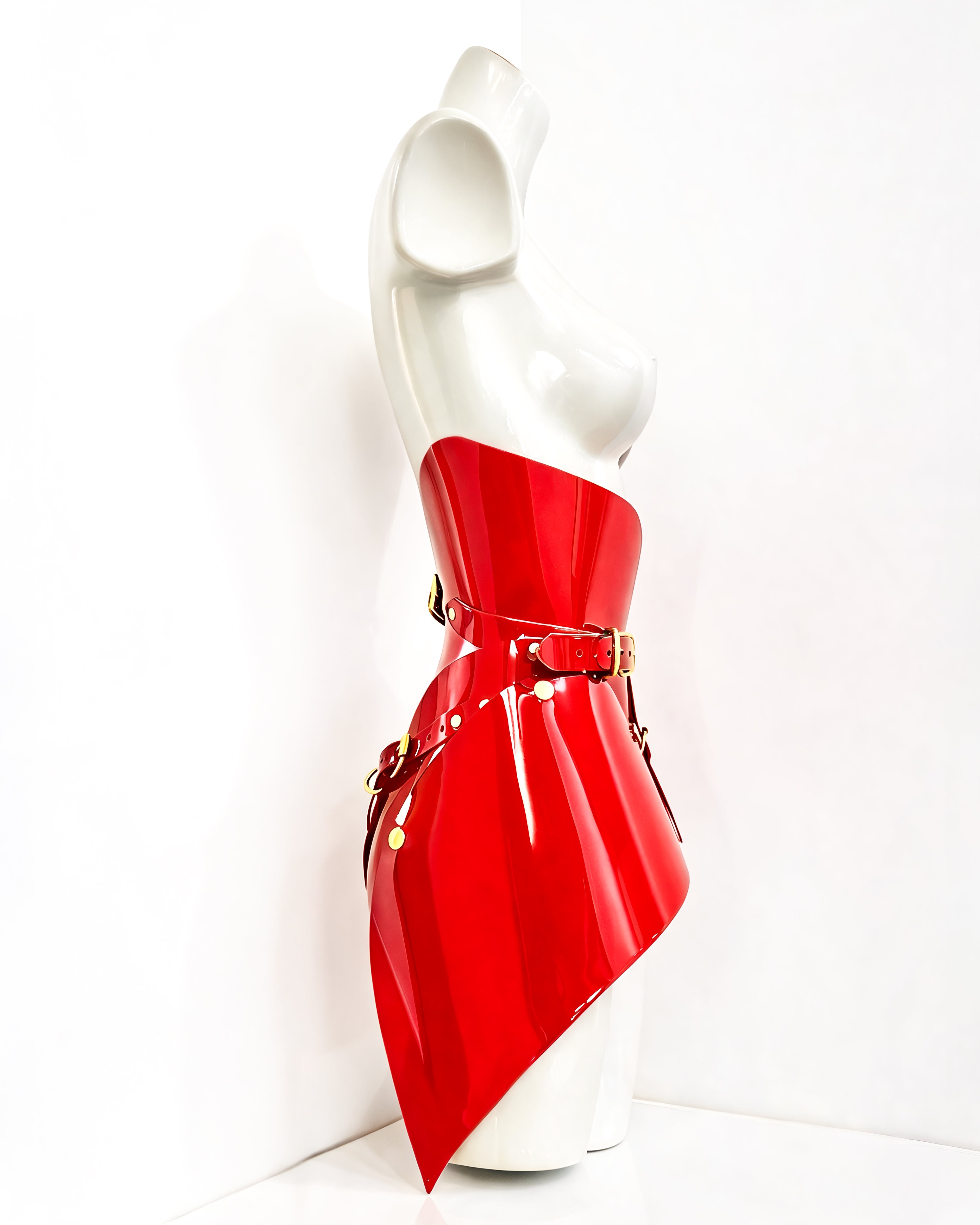 ATÉLIER JIVOMIR VEGAN VINYL HI WAISTED SCULPTURE LUXURY SKIRT RED PROFILE