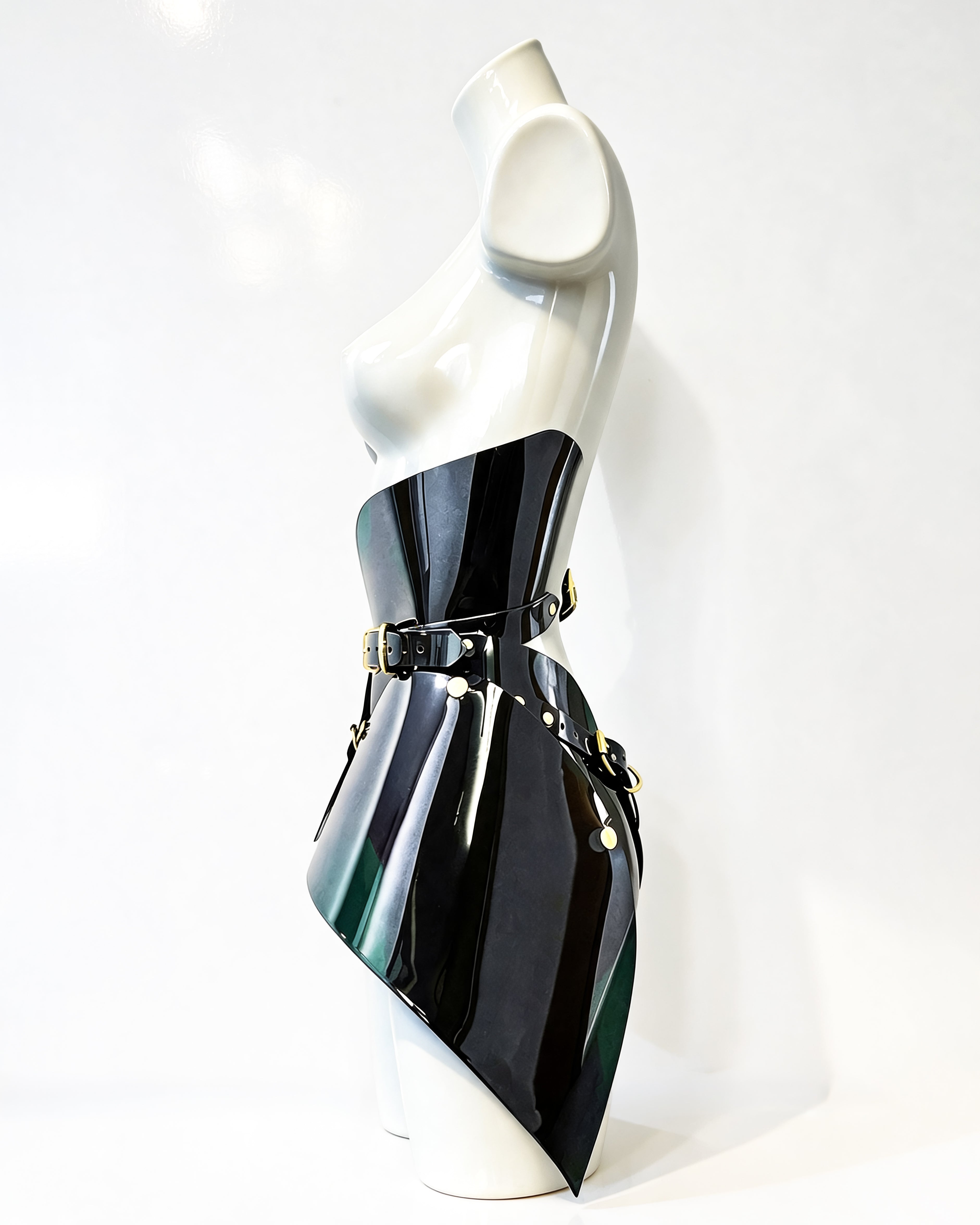 ATÉLIER JIVOMIR VEGAN VINYL HI WAISTED SCULPTURE LUXURY SKIRT DARK TEAL