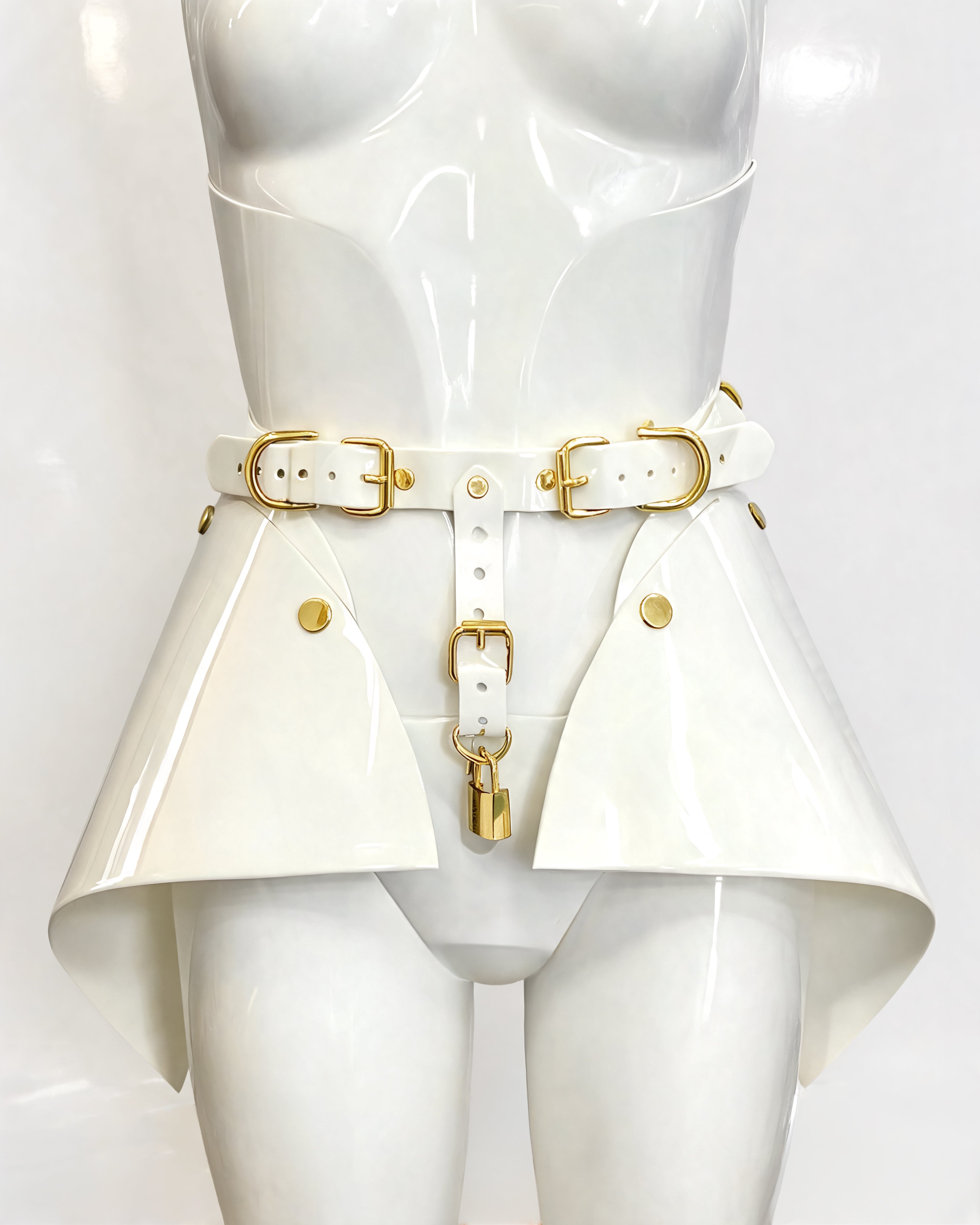 ATÉLIER JIVOMIR VEGAN VINYL HI WAISTED SCULPTURE LUXURY SKIRT WHITE AND GOLD