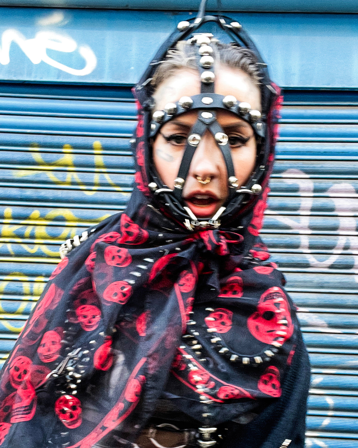ATÉIER JIVOMIR MASK HEADPIECE FACE HARNESS STUDED LUXURY FASHION KINK ACCESSORY  WORN BY EMILY MALICE STYLED OVER HEAD SCARF 