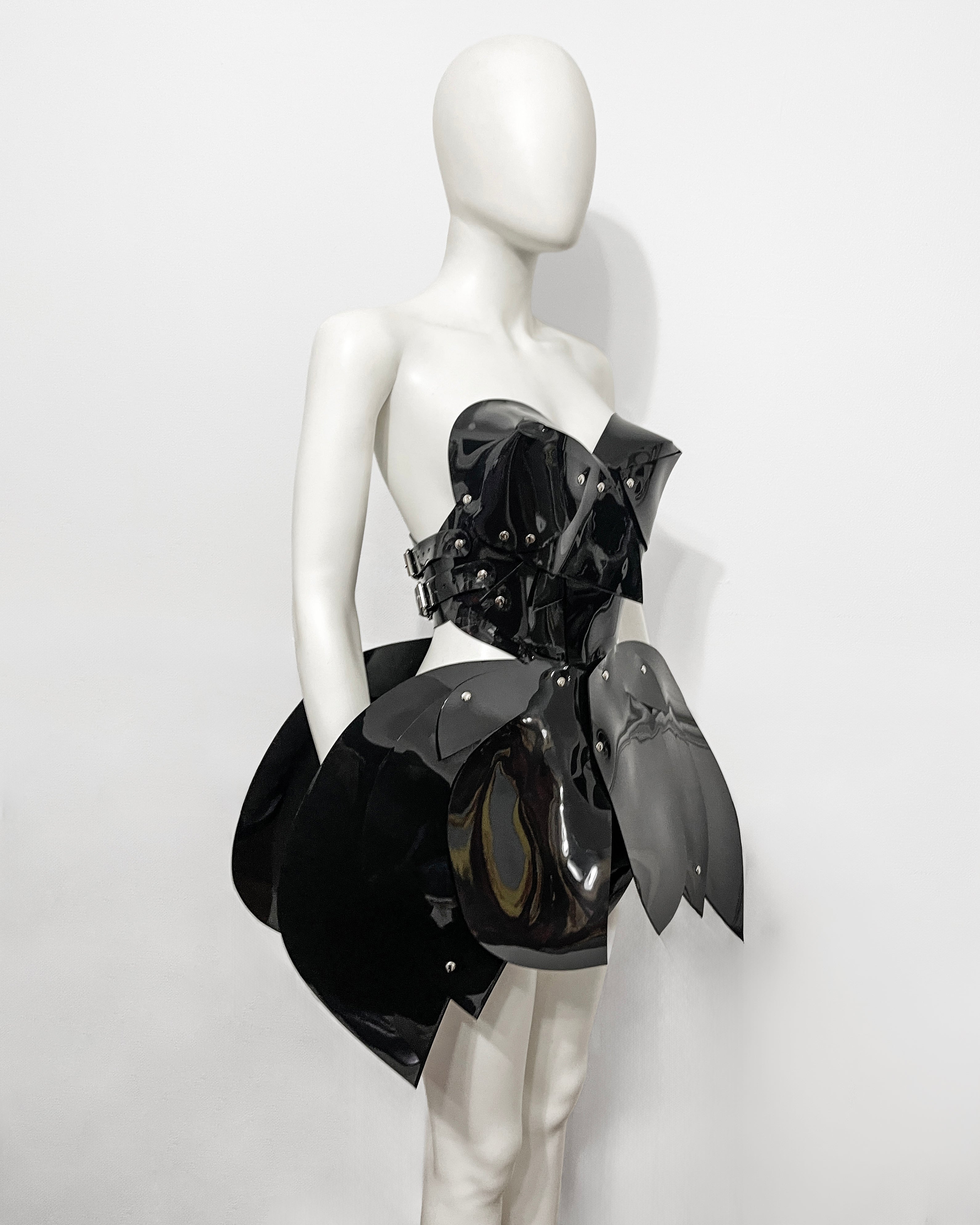 ATÉLIER JIVOMIR  vegan vinyl mini little red dress sculpture kink fetish superhero cosplay luxury hand crafted designer must have crafted couture