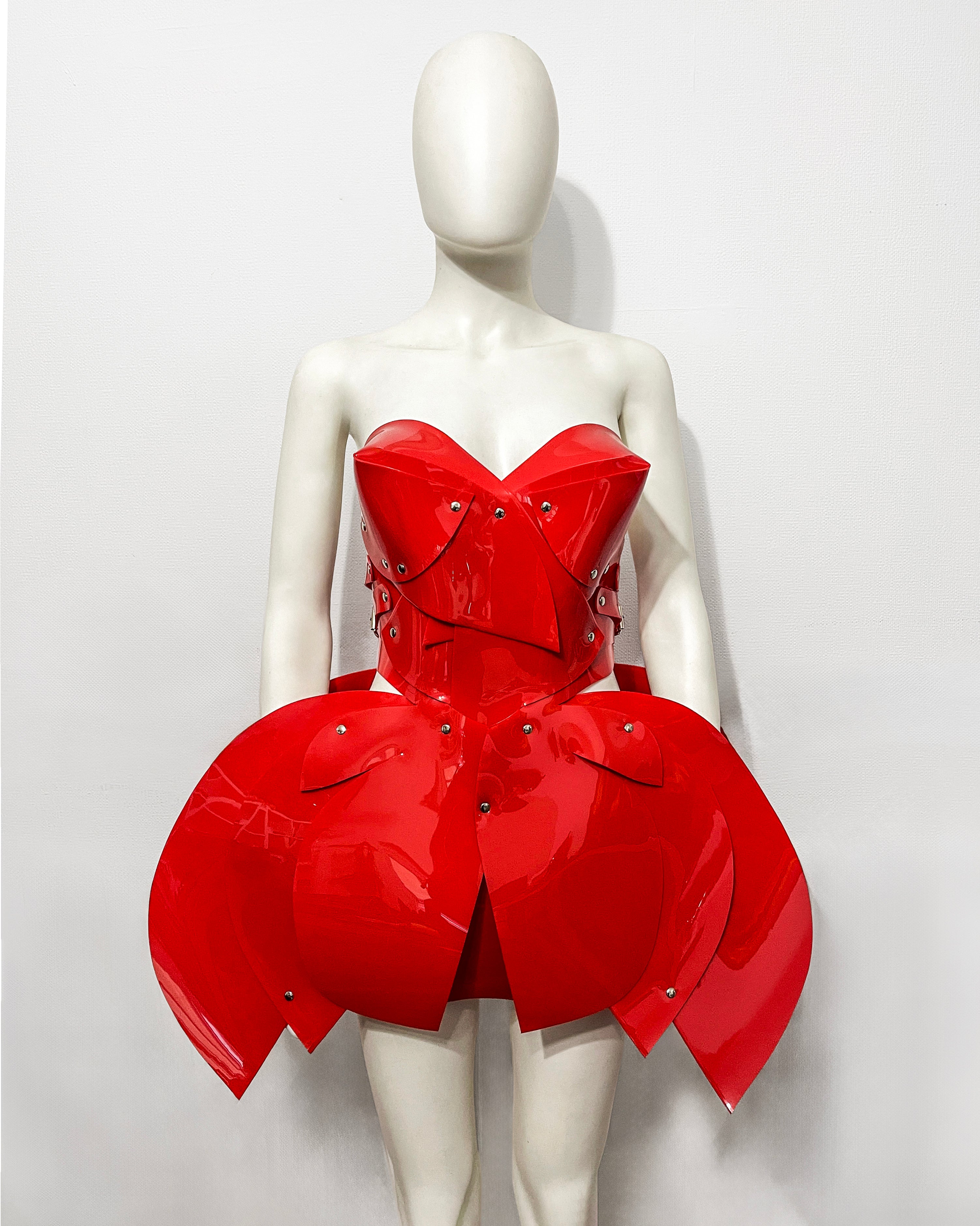 ATÉLIER JIVOMIR  vegan vinyl mini little red dress sculpture kink fetish superhero cosplay luxury hand crafted designer must have crafted couture