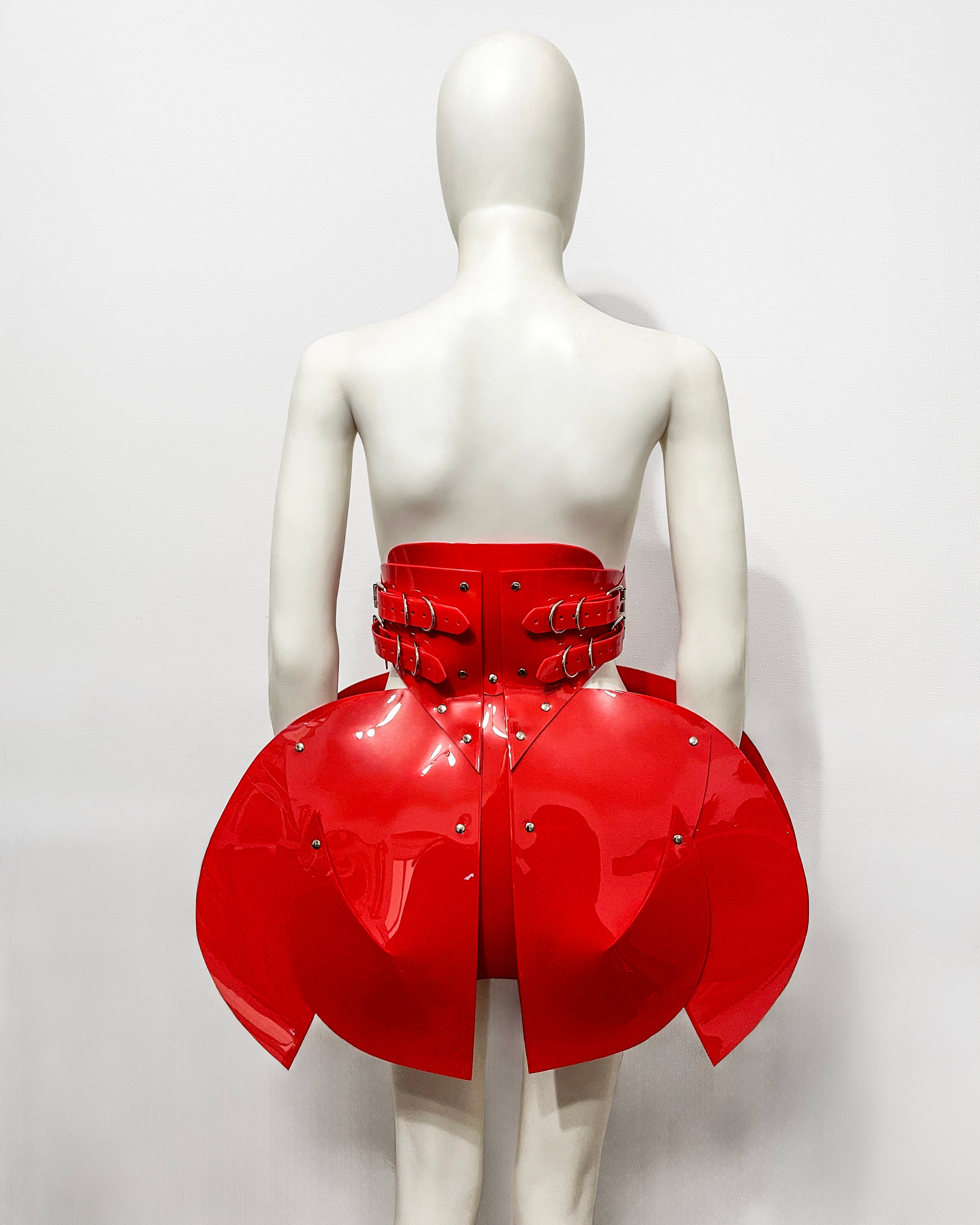 ATÉLIER JIVOMIR  vegan vinyl mini little red dress sculpture kink fetish superhero cosplay luxury hand crafted designer must have crafted couture