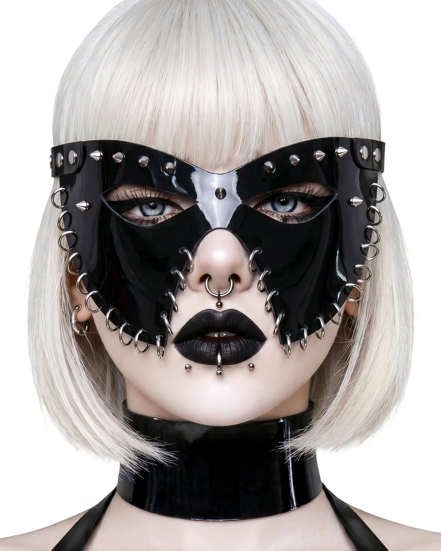 ATÉLIER JIVOMIR WE ARE ALL SUPERHERO'S LUXURY VINYL CABARET CARNIVAL MASK STUDDED BLACK