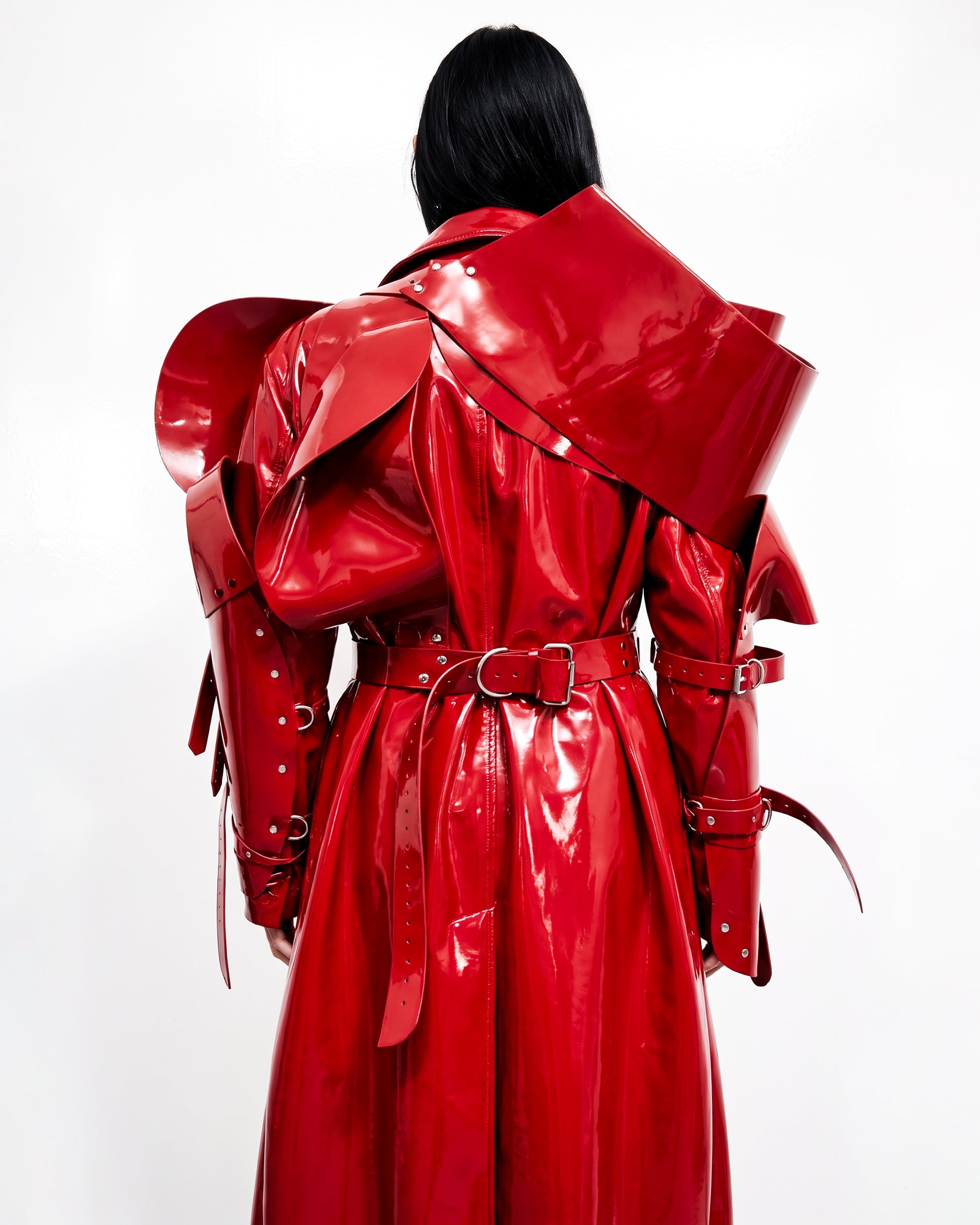 Asymmetric Sculpture Jacket ATÉLIER JIVOMIR VEGAN LUXURY HIGH FASHION AVANT GARDE ACCESSORY COUTURE TAILORING RED STYLED