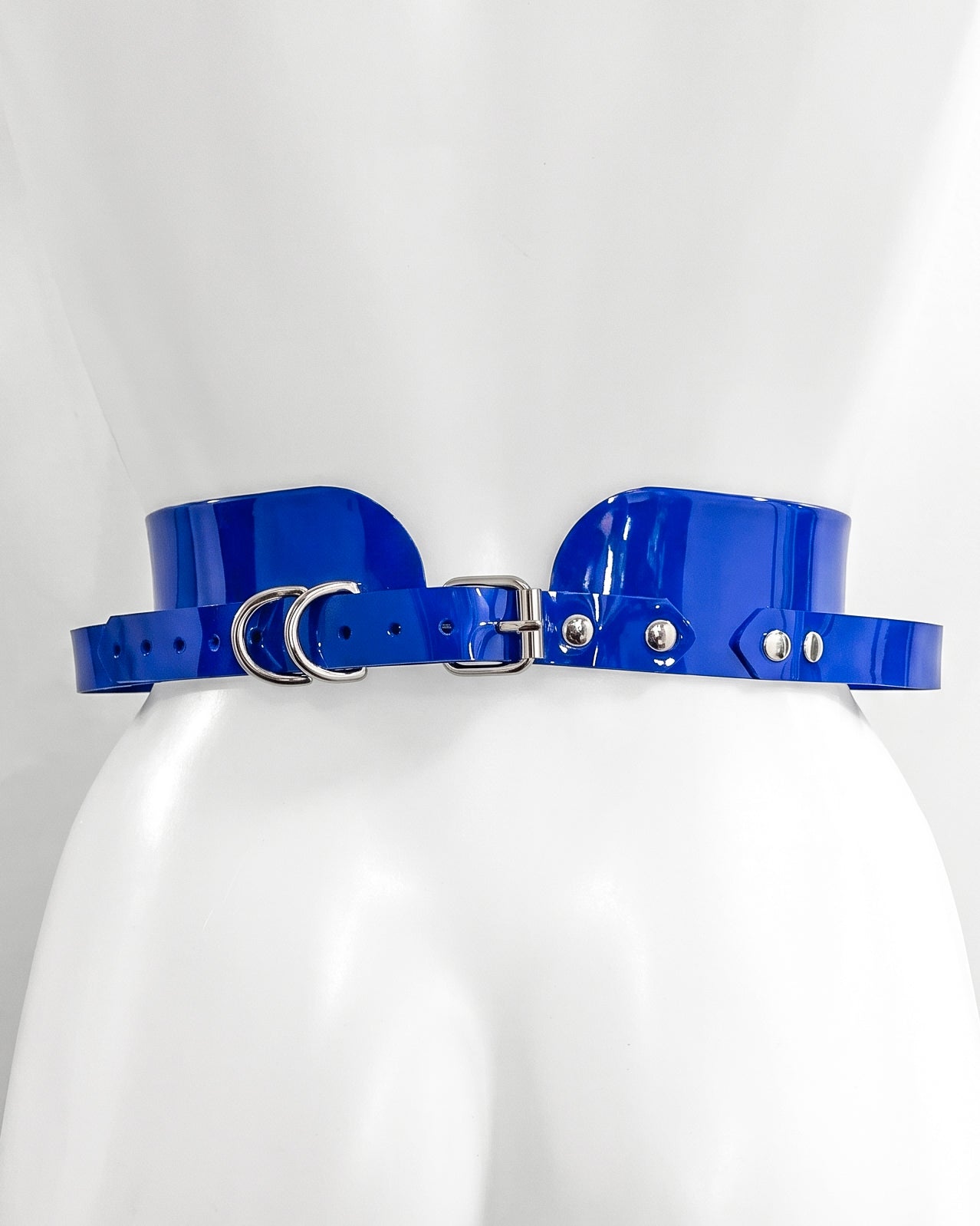 ATÉLIER JIVOMIR CAGE HIPSTER BELT LUXURY VEGAN VINYL FASHION ACCESSORY BLUE