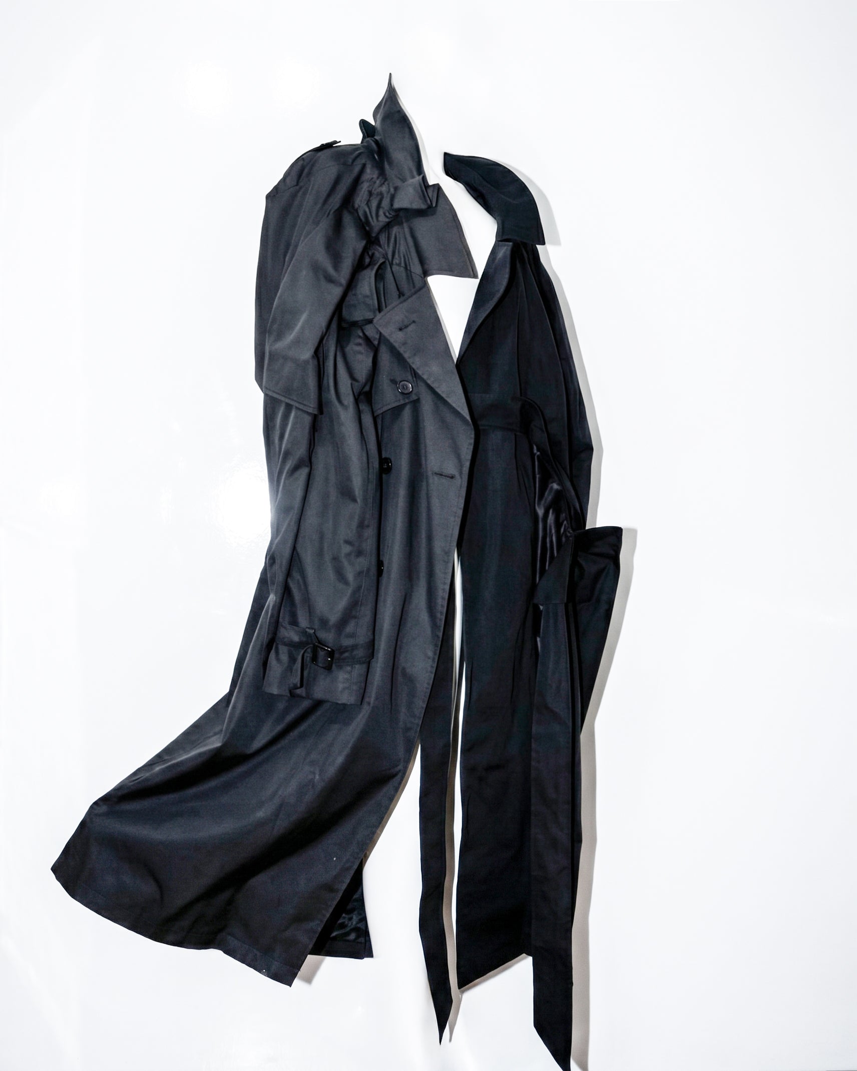 ATELIER JIVOMIR ORIGIONAL DOUBLE TRENCH WEARABLE SCULPTURE TWO TONE REPURPOSEED LUXURY FASHION COAT