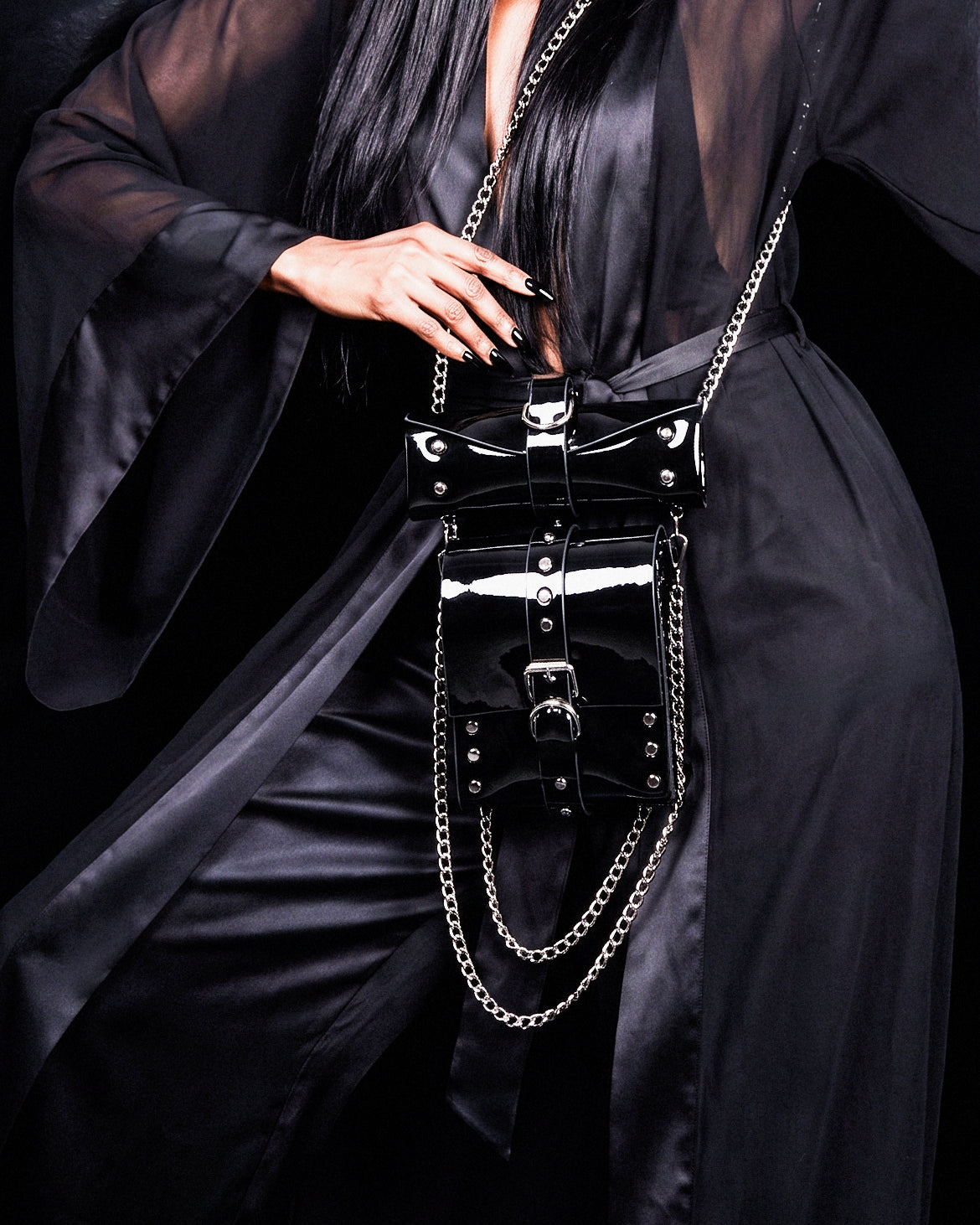 ATELIER JIVOMIR DREAM COLLECTOR HANDBAG PURSE LUXURY VEGAN VINYL PVC studded transparent black styled on model shear kimono