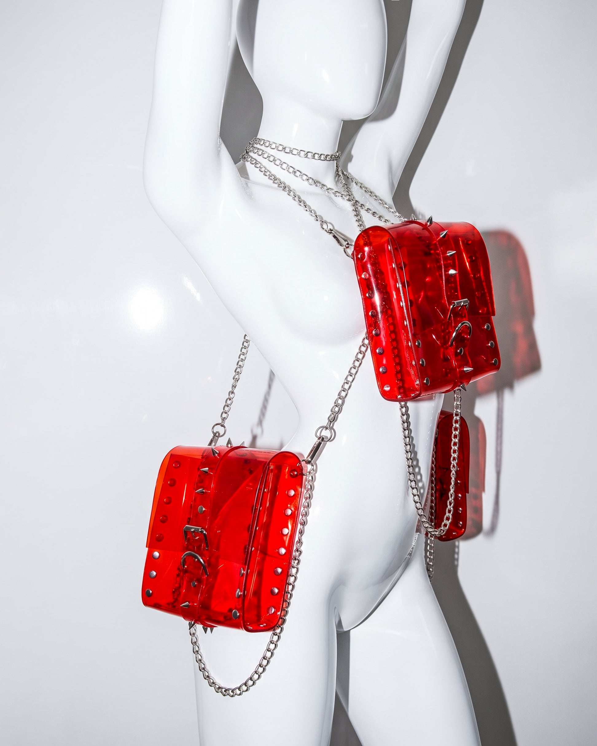 ATELIER JIVOMIR DREAM COLLECTOR HANDBAG PURSE LUXURY VEGAN VINYL PVC studded transparent clear rede silver