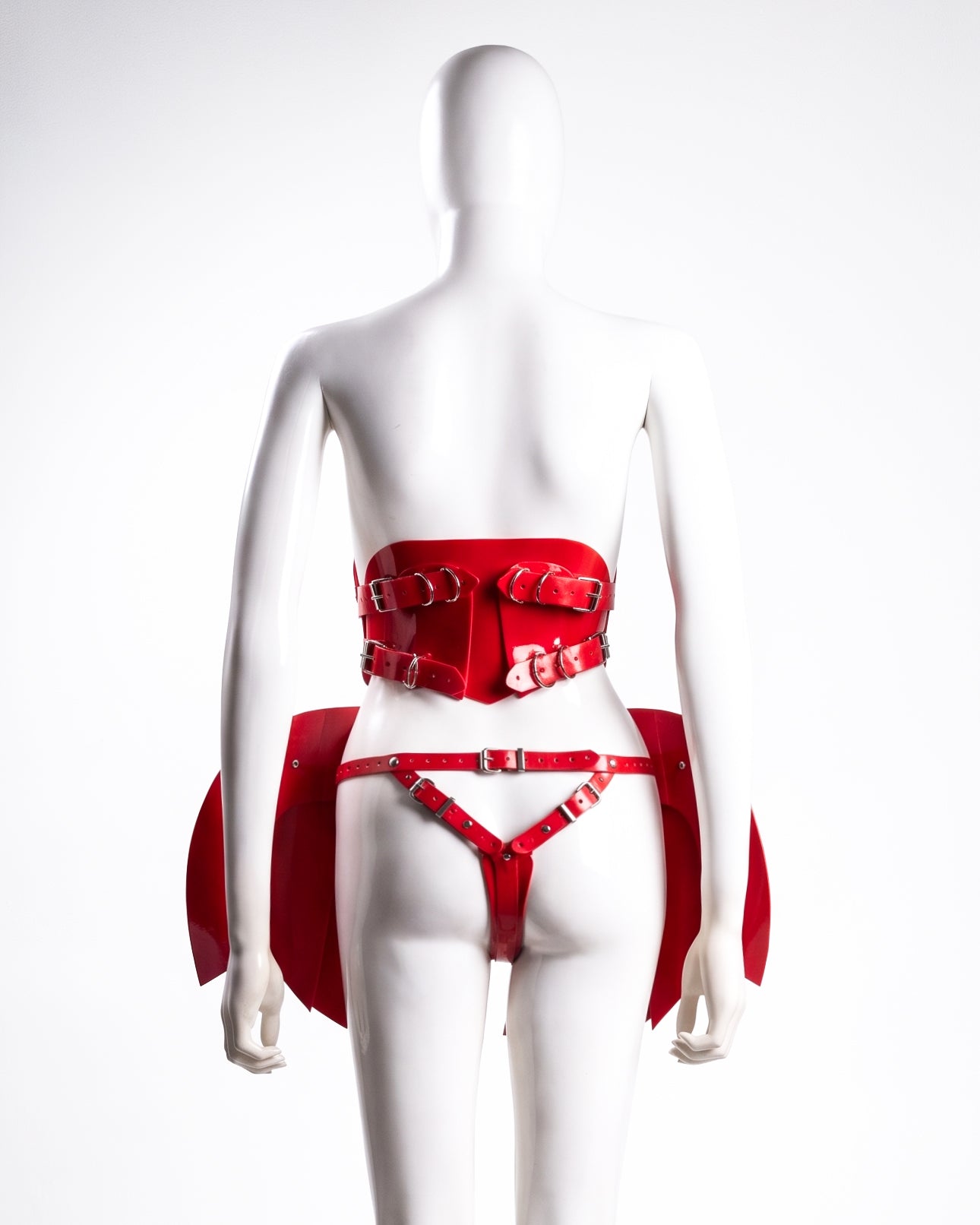 ATÉLIER JIVOMIR  vegan vinyl  luxury hand crafted  crafted couture BACKLESS DRESS WEARABLE SCULPTURE red back