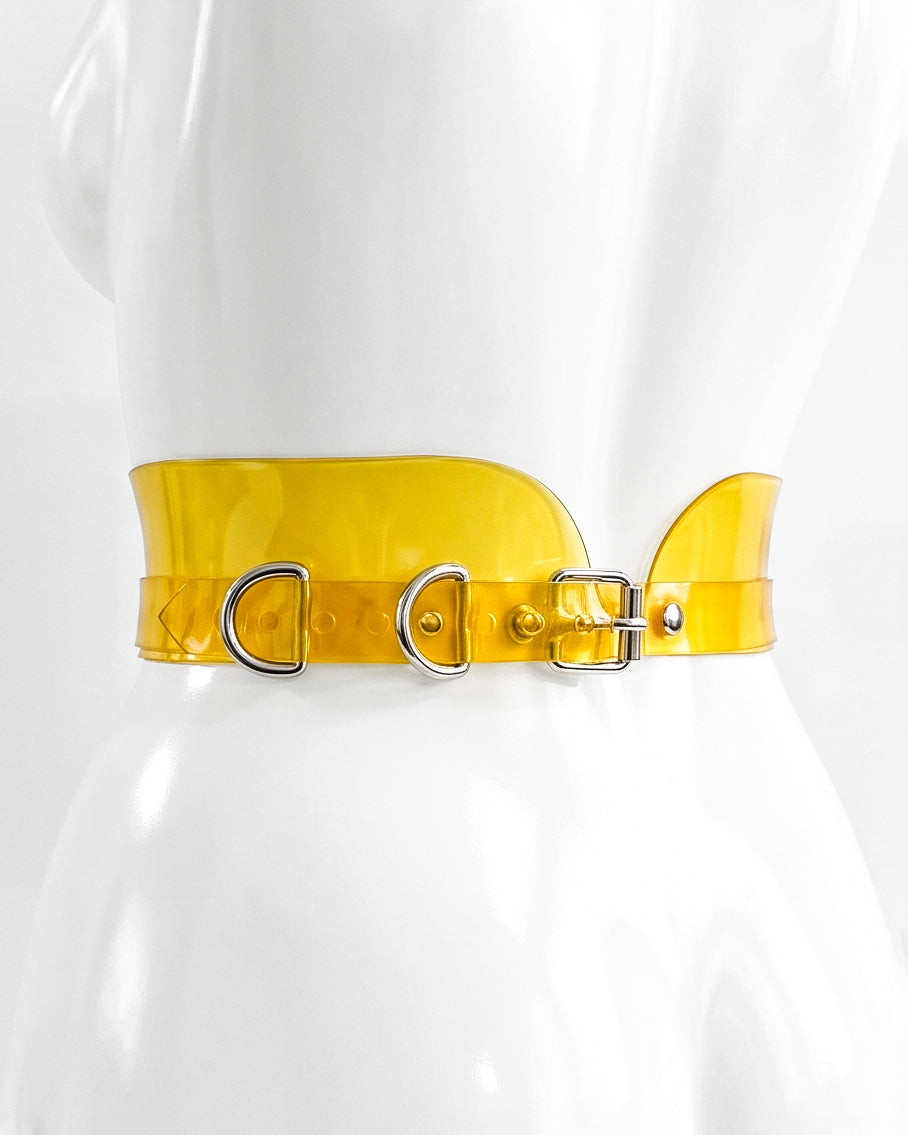ATÉLIER JIVOMIR JULIEN MCDONALD SLIM CINCH BELT VEGAN VINYL LUXURY LATEX LONDON FASHION WEEK ACCESSORIES HAND CRAFTED LUX YELLOW TRANSPARENT