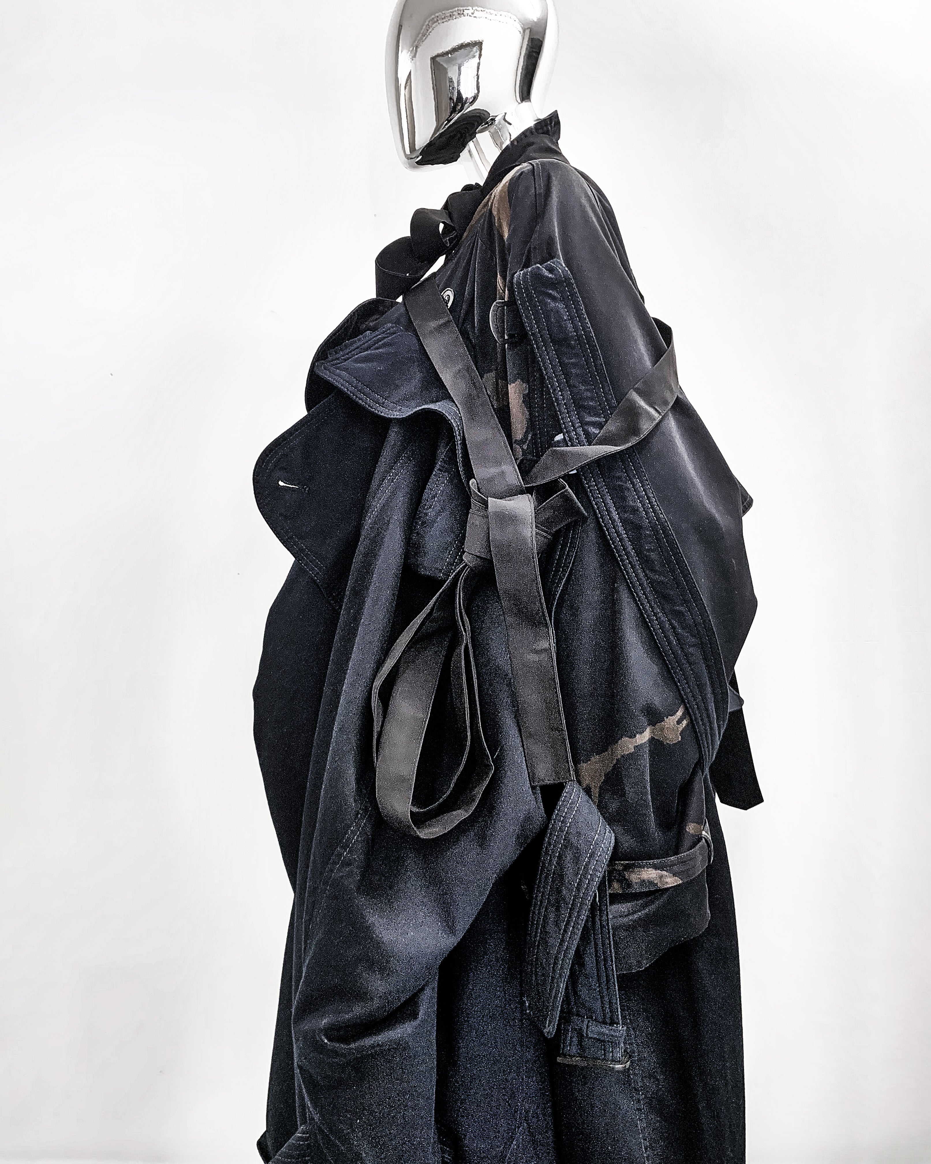 ATÉLIER JIVOMIR KENDO TRENCH REPURPOSED MULTI COAT JACKET LUXURY AVANT GARDE FASHION EXPRESSION CLOSEUP PROFILE
