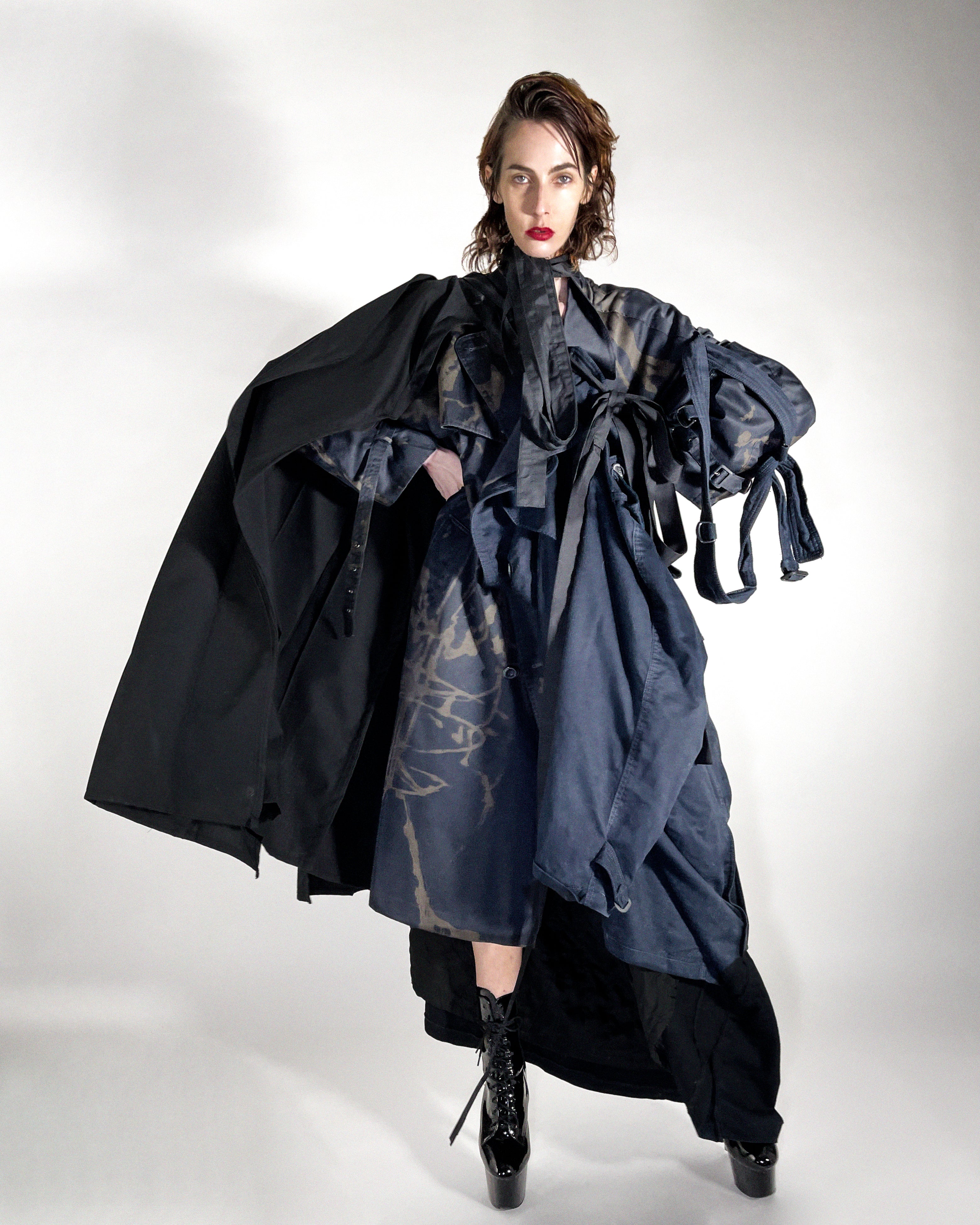 ATÉLIER JIVOMIR KENDO TRENCH REPURPOSED MULTI COAT JACKET LUXURY AVANT GARDE FASHION EXPRESSION ON MODEL STYLED