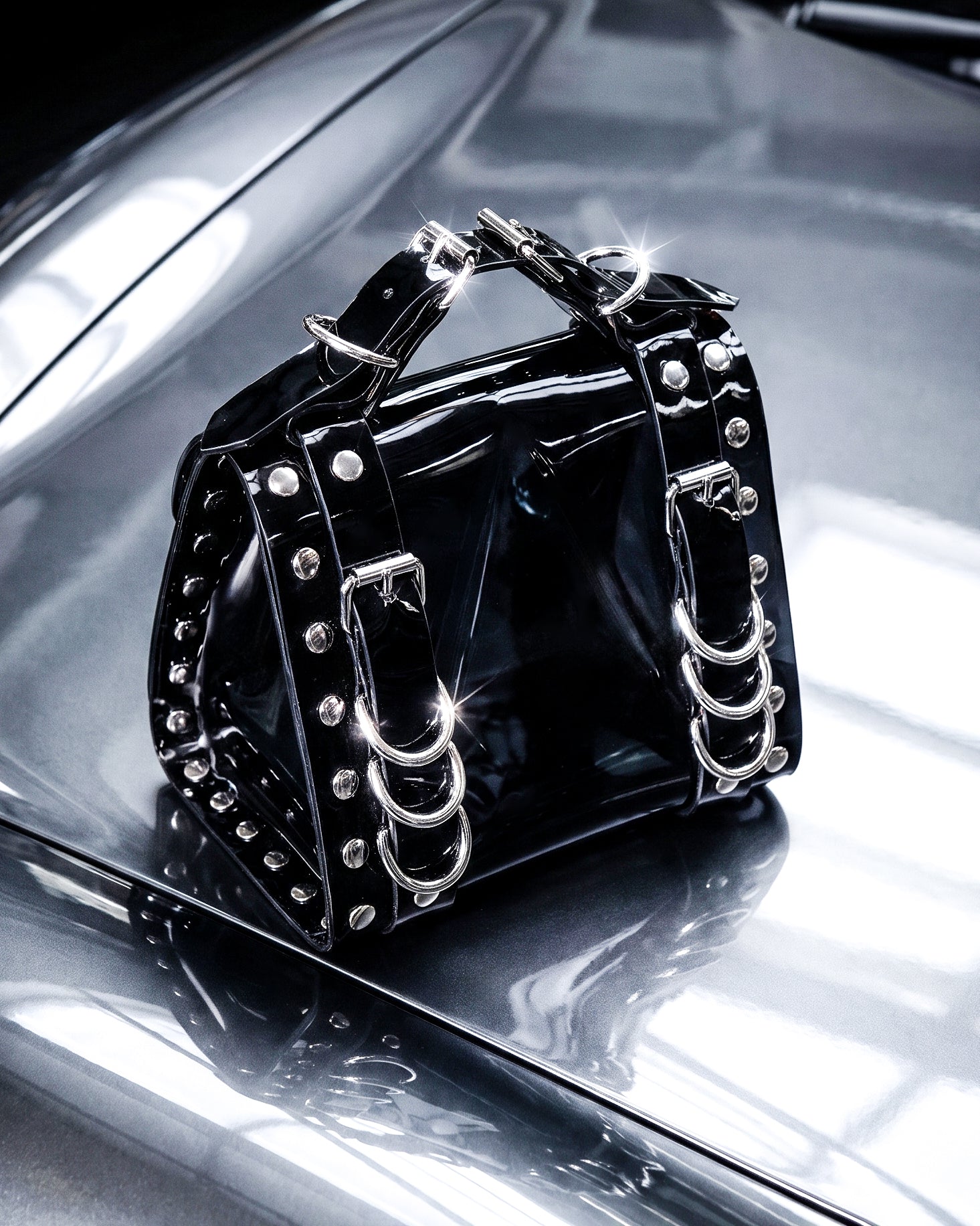 LUXURY VEGAN VINYL PVC HANDBAG PURSE STUDDED COLLECTIBLE HAND CRAFTED  STUDDED ATÉLIER JIVOMIR BLACK ON CAR