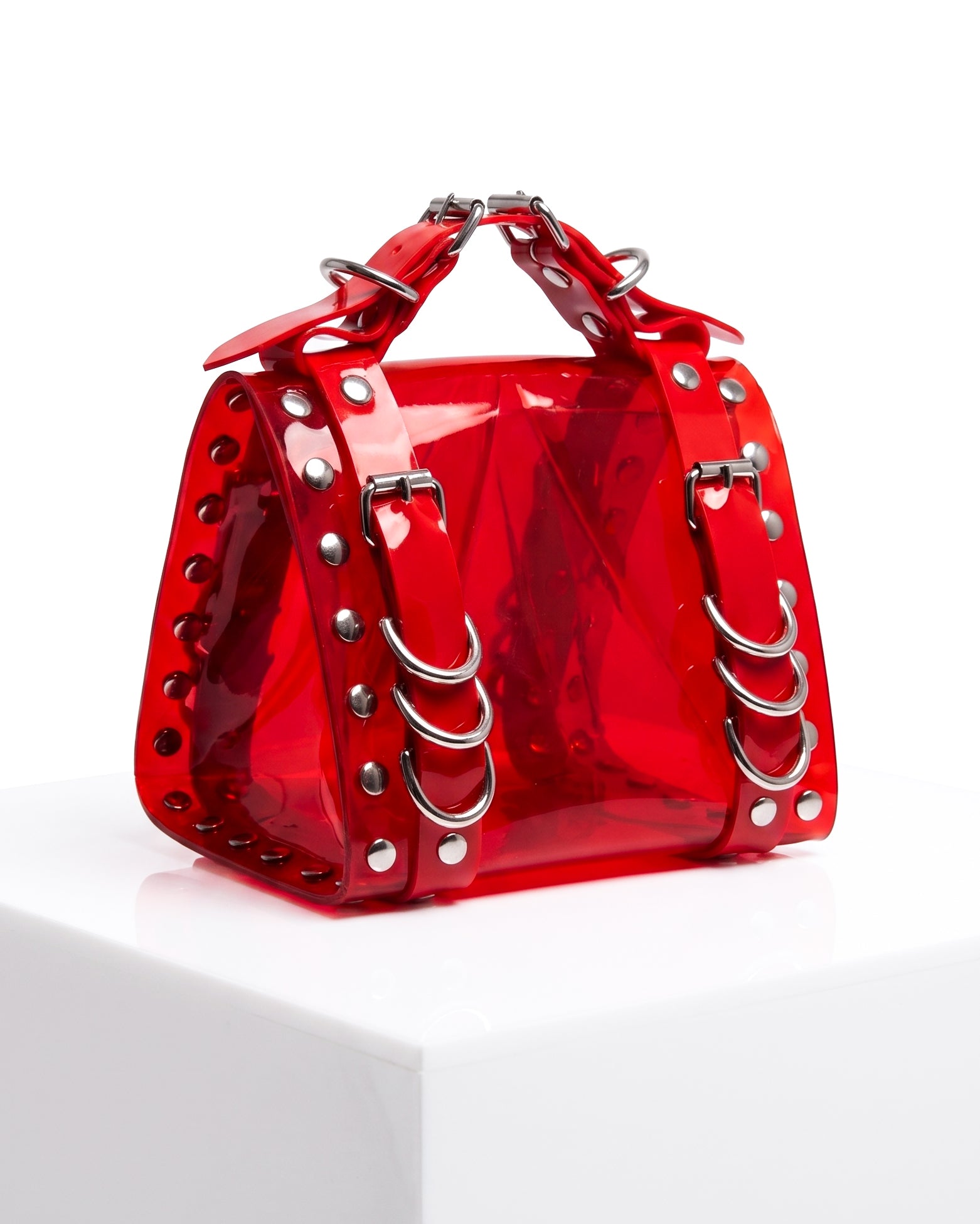 LUXURY VEGAN VINYL PVC HANDBAG PURSE STUDDED COLLECTIBLE HAND CRAFTED  STUDDED ATÉLIER JIVOMIR LOVE RED TRANSAPRENT