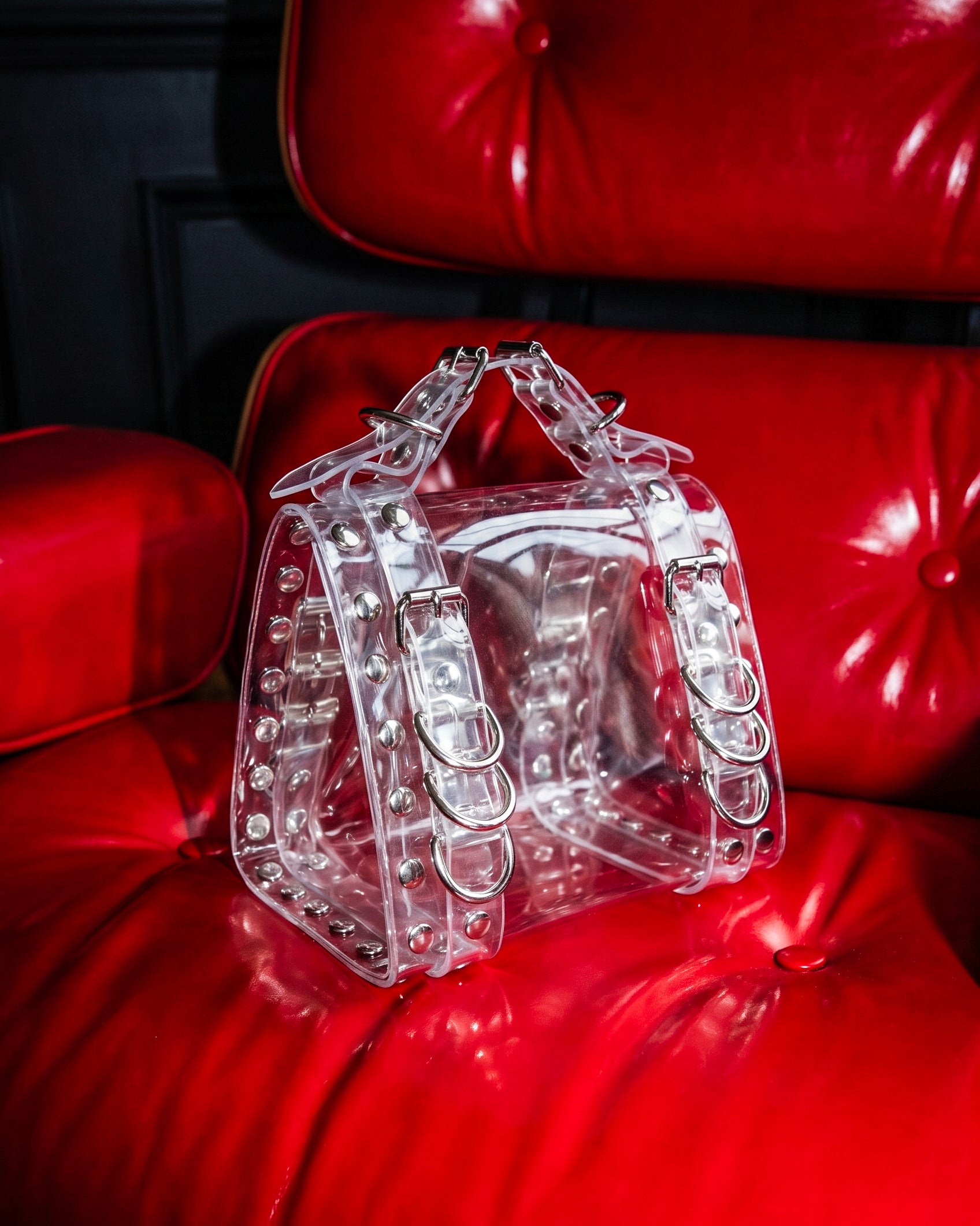 LUXURY VEGAN VINYL PVC HANDBAG PURSE STUDDED COLLECTIBLE HAND CRAFTED  STUDDED ATÉLIER JIVOMIR CLEAR TRANSPARENT ON COUCH