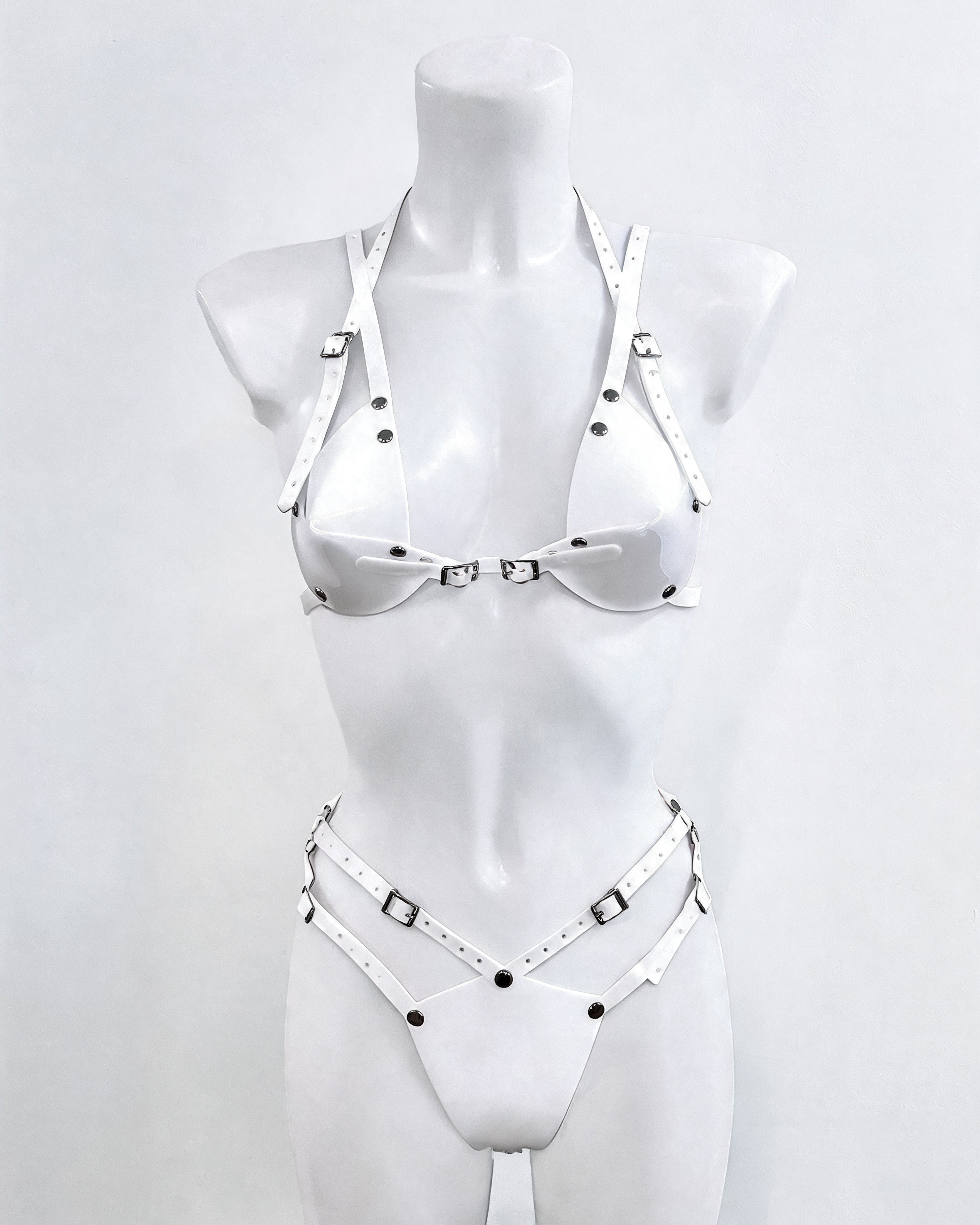 ATÉLIER JIVOMIR ONE FOR THE BRAVE SET VEGAN VINYL LUXURY LINGERIE LATEX INTIMATES BODY JEWELLERY WHITE