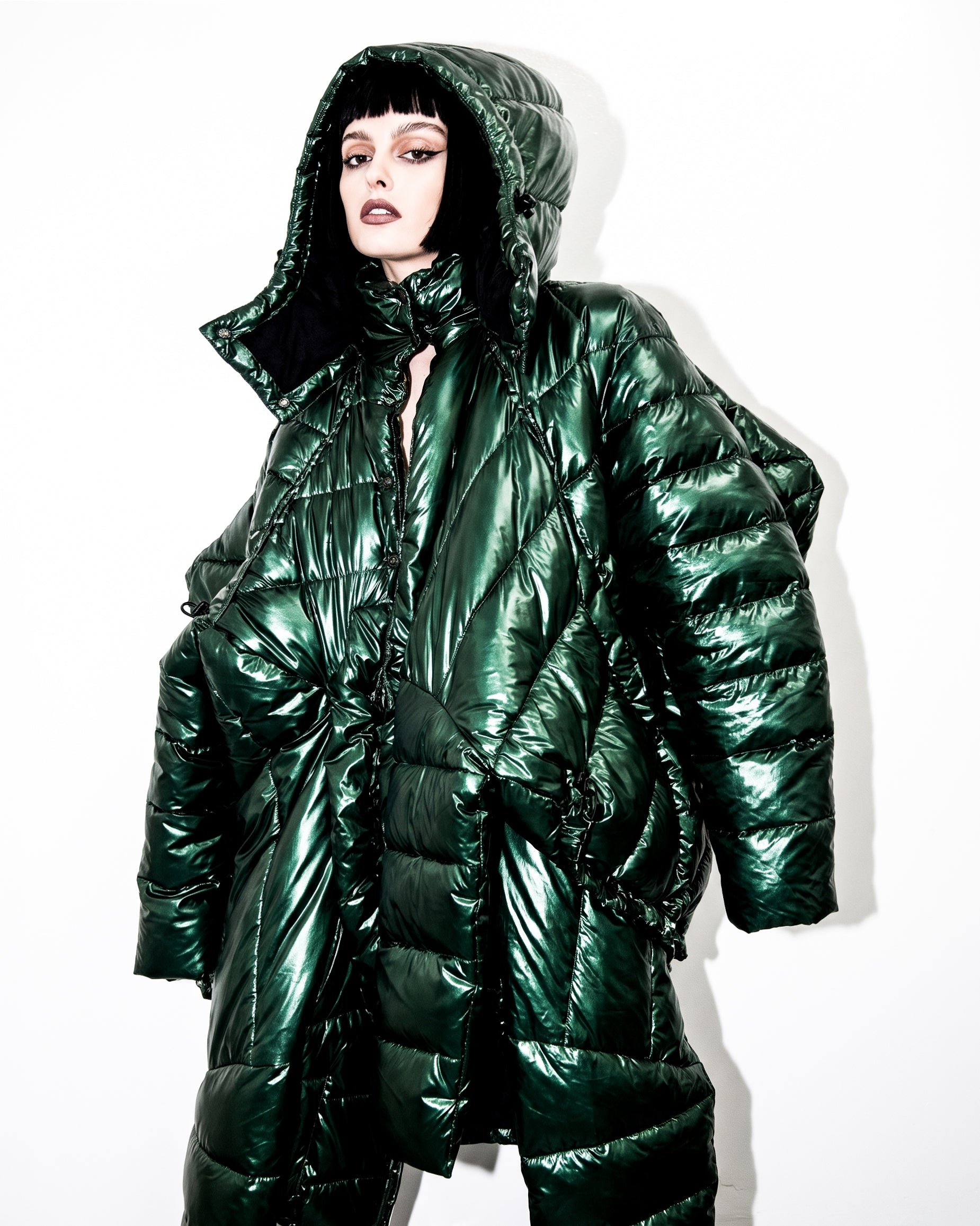 ATÉLIER JIVOMIR repurposed wearable sculpture puf coat CRAFTED AVANT GARDE EXPRESSION BRITISH RACING GREEN