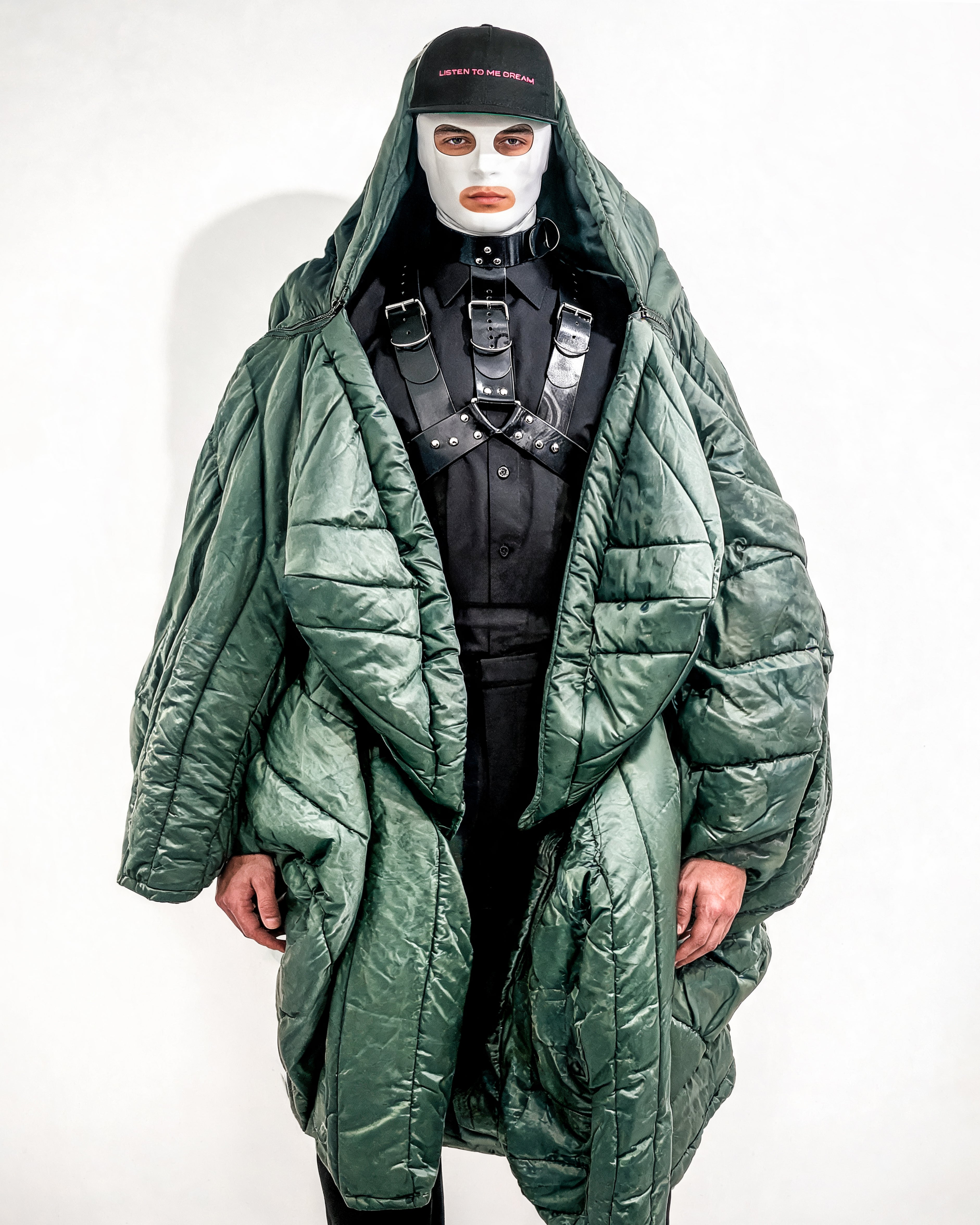 Green Shape PUF Reimagined luxury avant garde Coat repurposed wearable sculpture puffer coat by ATÉLIER JIVOMIR mens styled