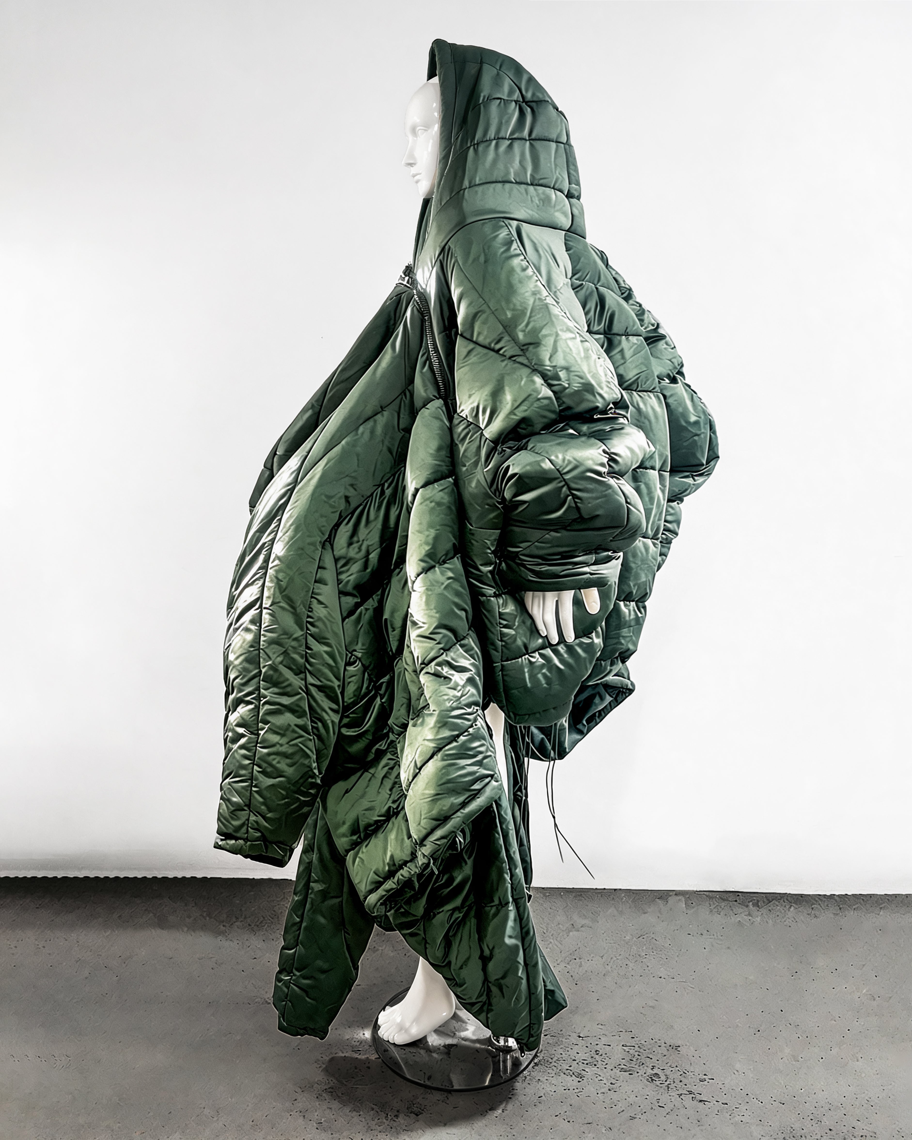 Green Shape PUF Reimagined luxury avant garde Coat repurposed wearable sculpture puffer coat by ATÉLIER JIVOMIR