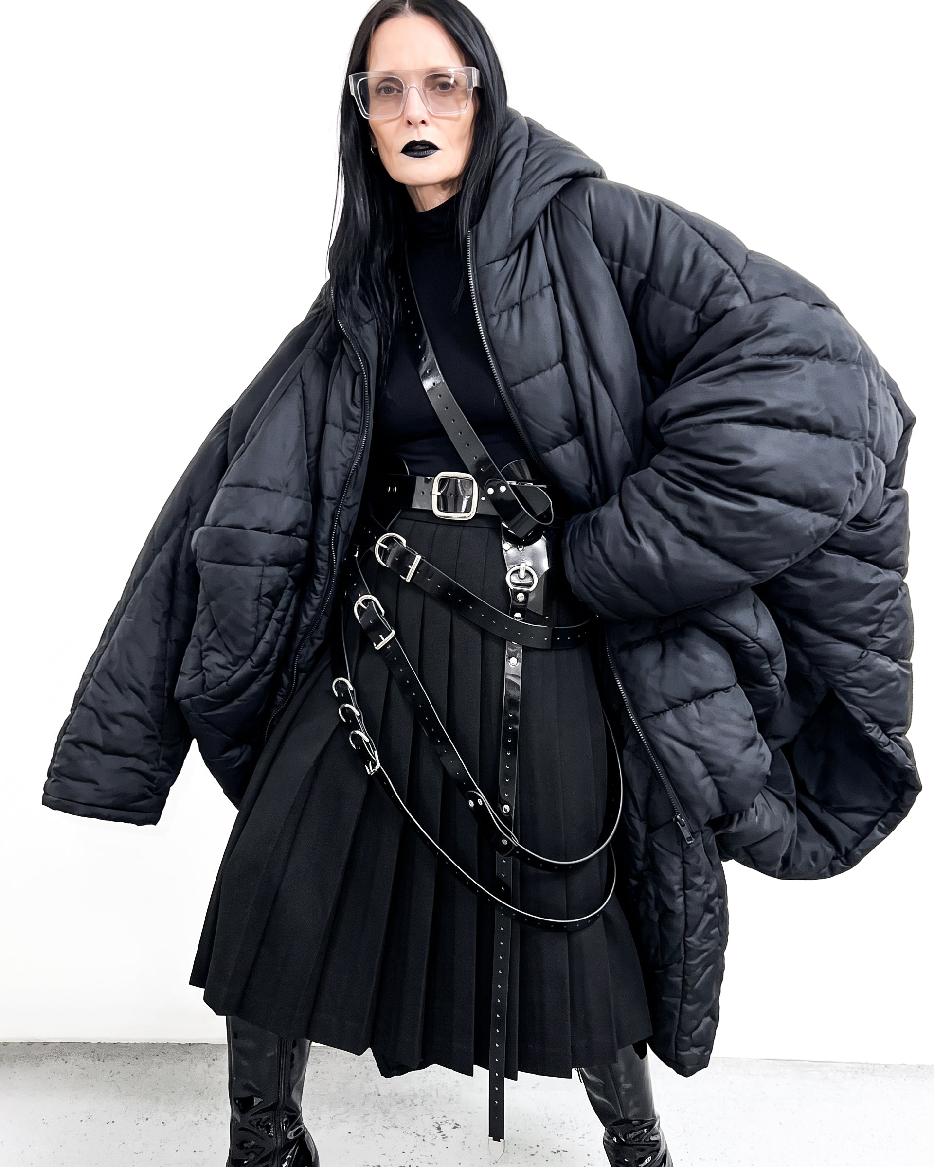 Black styled  Shape PUF Reimagined luxury avant garde Coat repurposed wearable sculpture puffer coat by ATÉLIER JIVOMIR