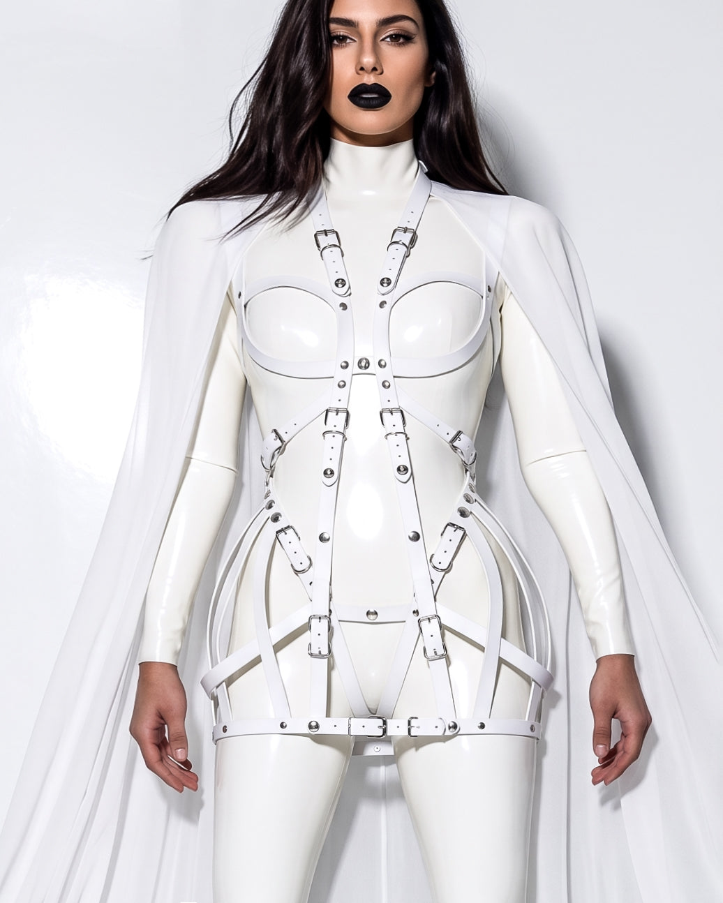 ATÉLIER JIVOMIR  vegan bio strap onesIE LUXURY HARNESS dress neon RAVE FESTIVAL DANCE WEAR KINK BLACK styled