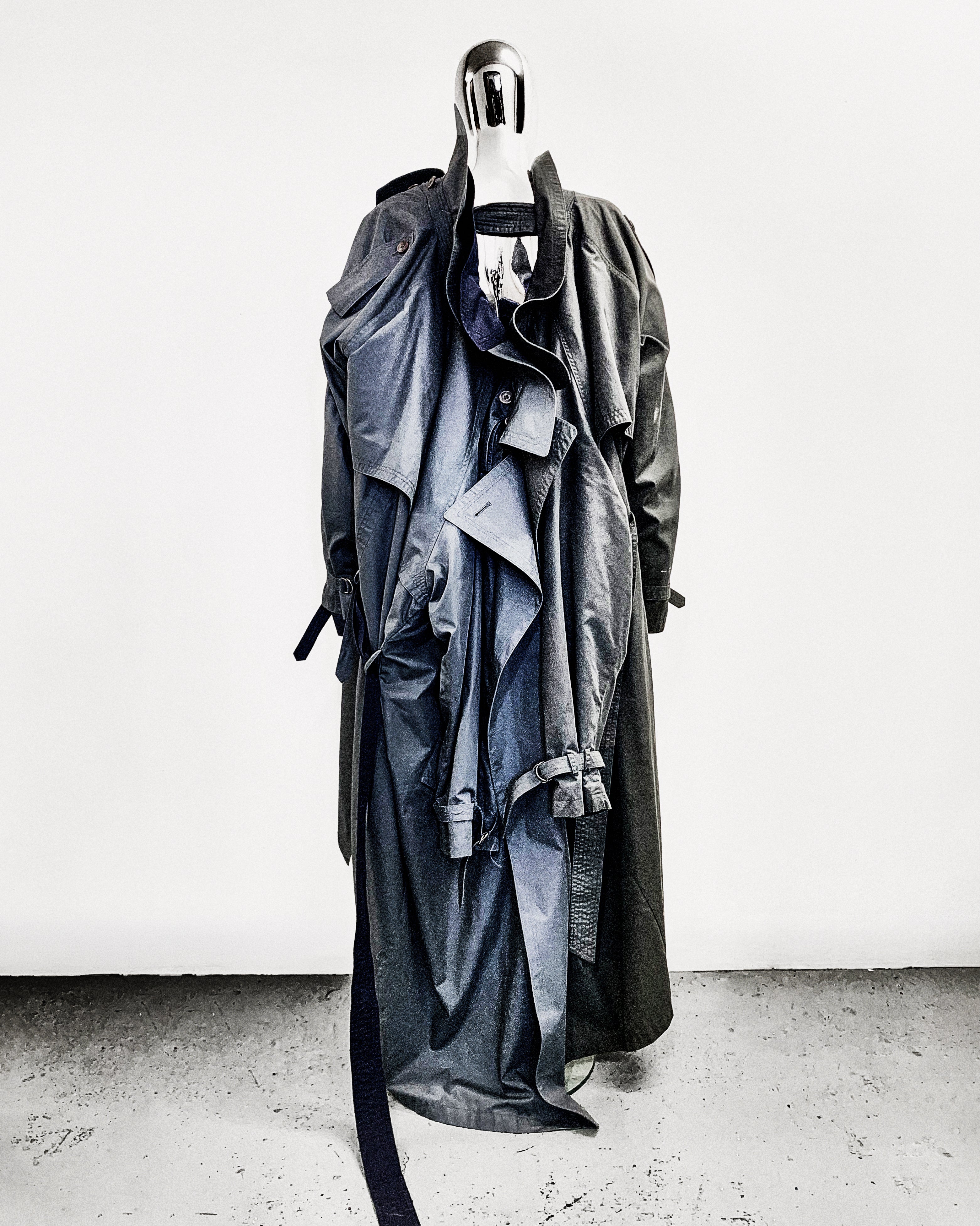 ATELIER JIVOMIR AVANT GARDE REPURPOSED TRIPLE TRENCH WEARABLE SCULPTURE FASHION EXPRESSION BACK VIEW