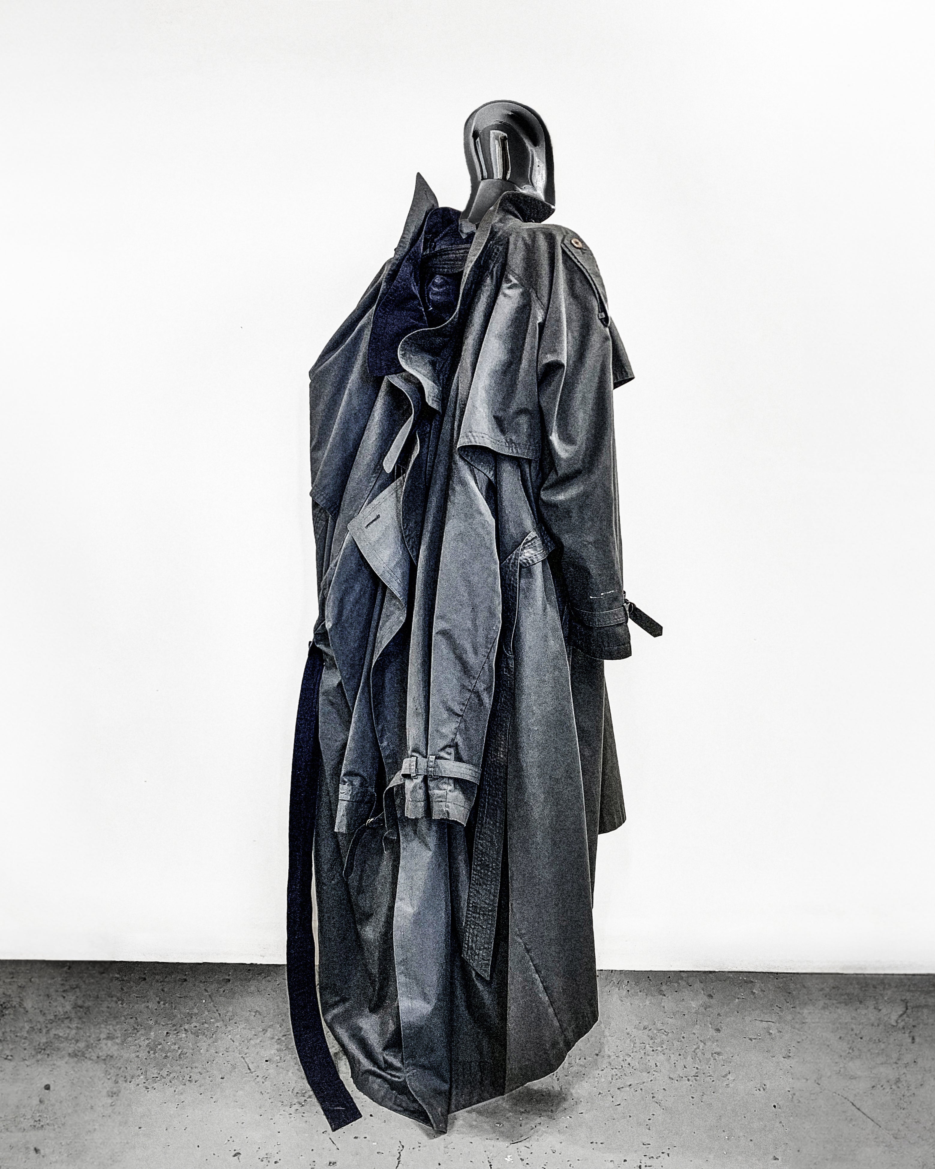 ATELIER JIVOMIR AVANT GARDE REPURPOSED TRIPLE TRENCH WEARABLE SCULPTURE FASHION EXPRESSION