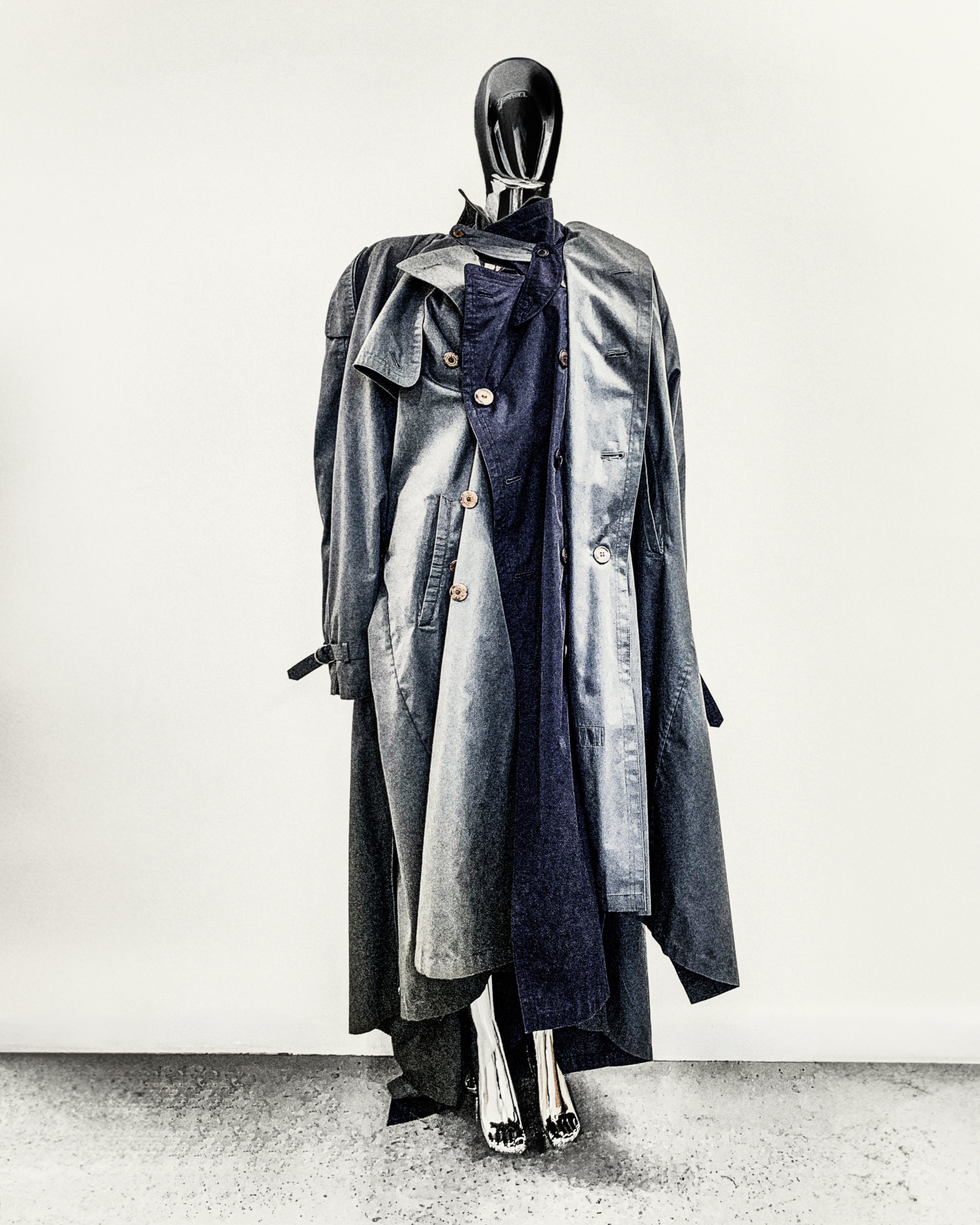 ATELIER JIVOMIR AVANT GARDE REPURPOSED TRIPLE TRENCH WEARABLE SCULPTURE FASHION EXPRESSION FRONT BUTTON UP