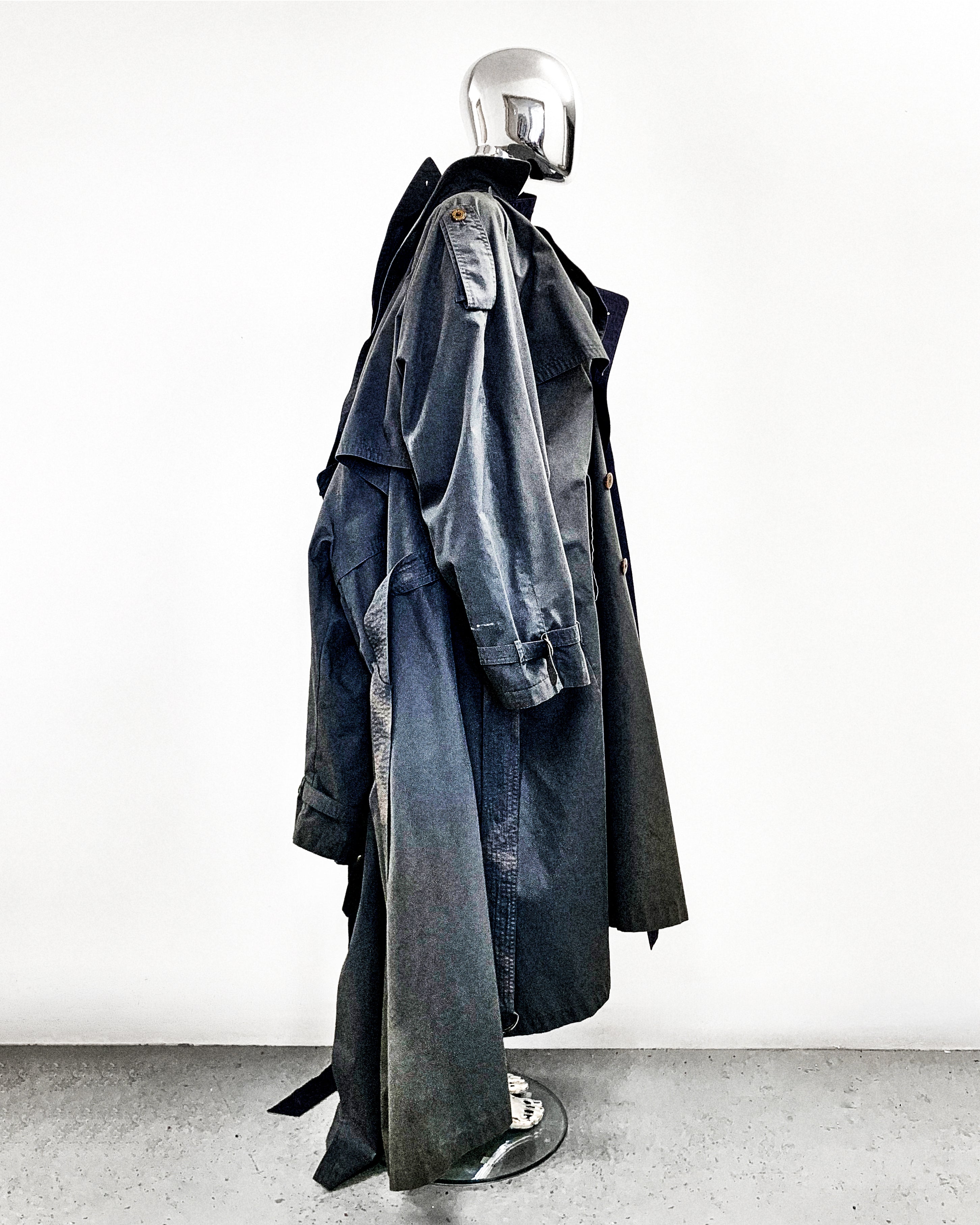 ATELIER JIVOMIR AVANT GARDE REPURPOSED TRIPLE TRENCH WEARABLE SCULPTURE FASHION EXPRESSION PROFILE