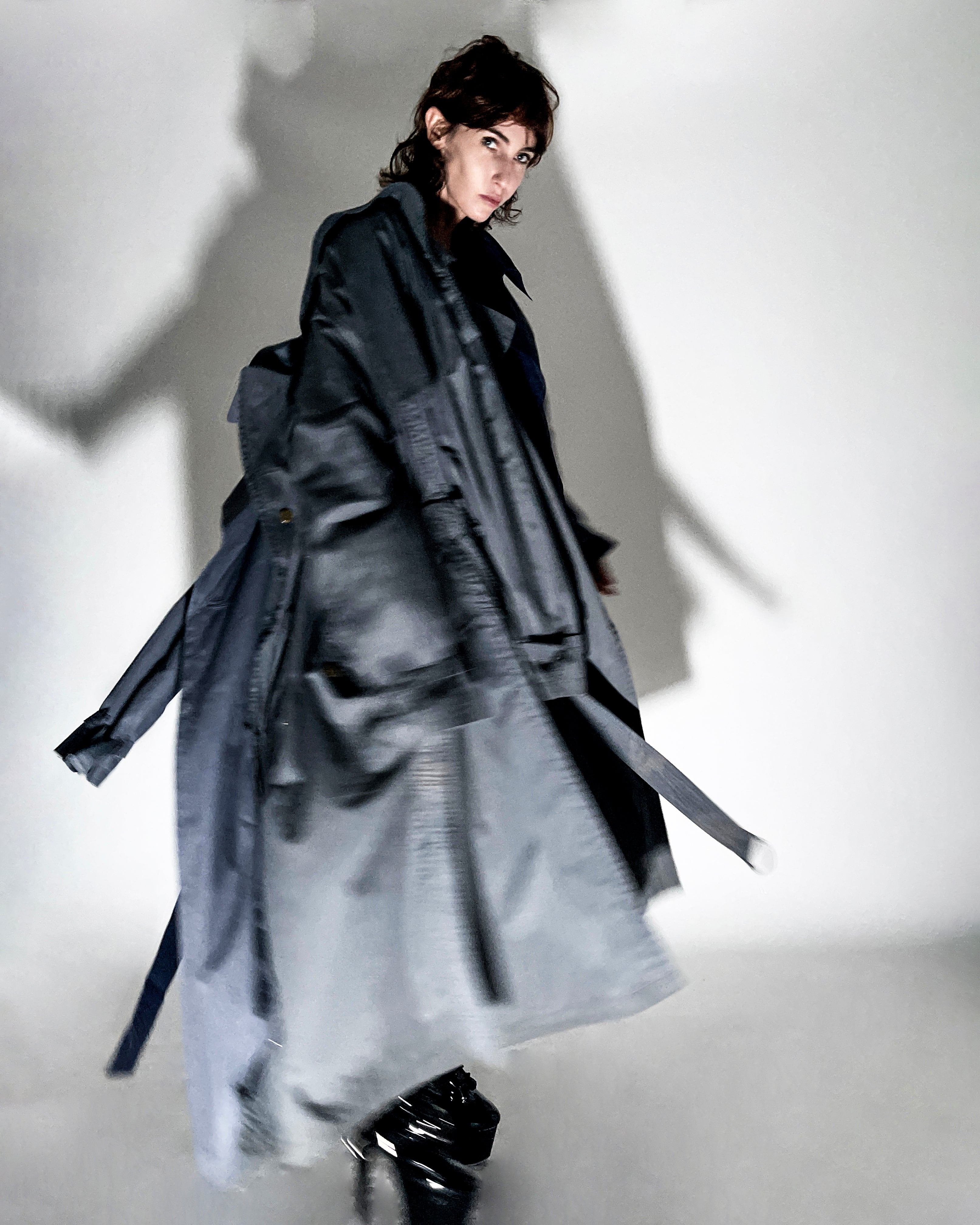 ATELIER JIVOMIR AVANT GARDE REPURPOSED TRIPLE TRENCH WEARABLE SCULPTURE FASHION EXPRESSION MODEL DANCING