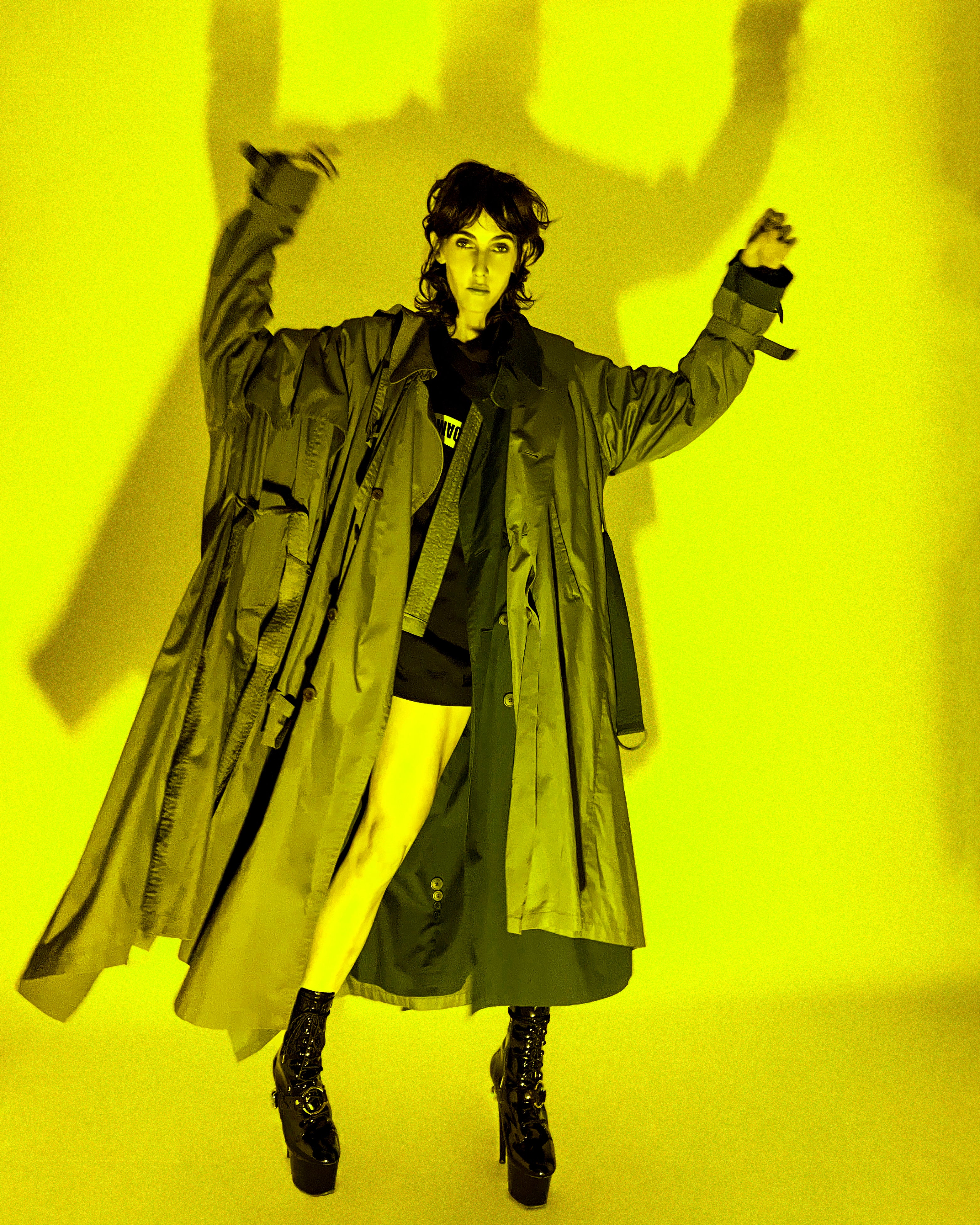 ATELIER JIVOMIR AVANT GARDE REPURPOSED TRIPLE TRENCH WEARABLE SCULPTURE FASHION EXPRESSION HANDS UP