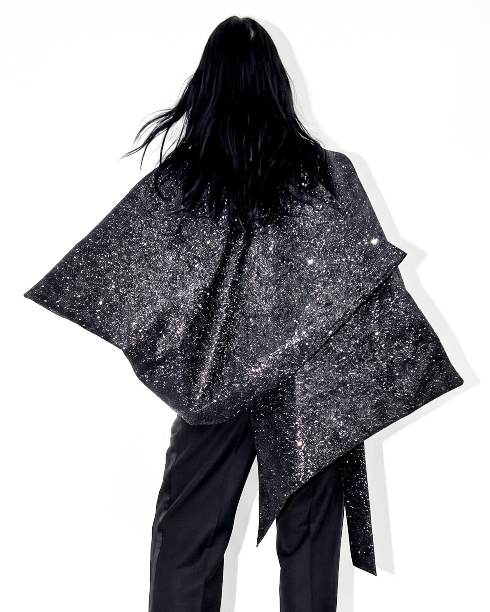ATÉLIER JIVOMR STAR VINYL SCULPTURE GLITTER COAT JACKET AVANT GARDE BLACK MODEL BACK