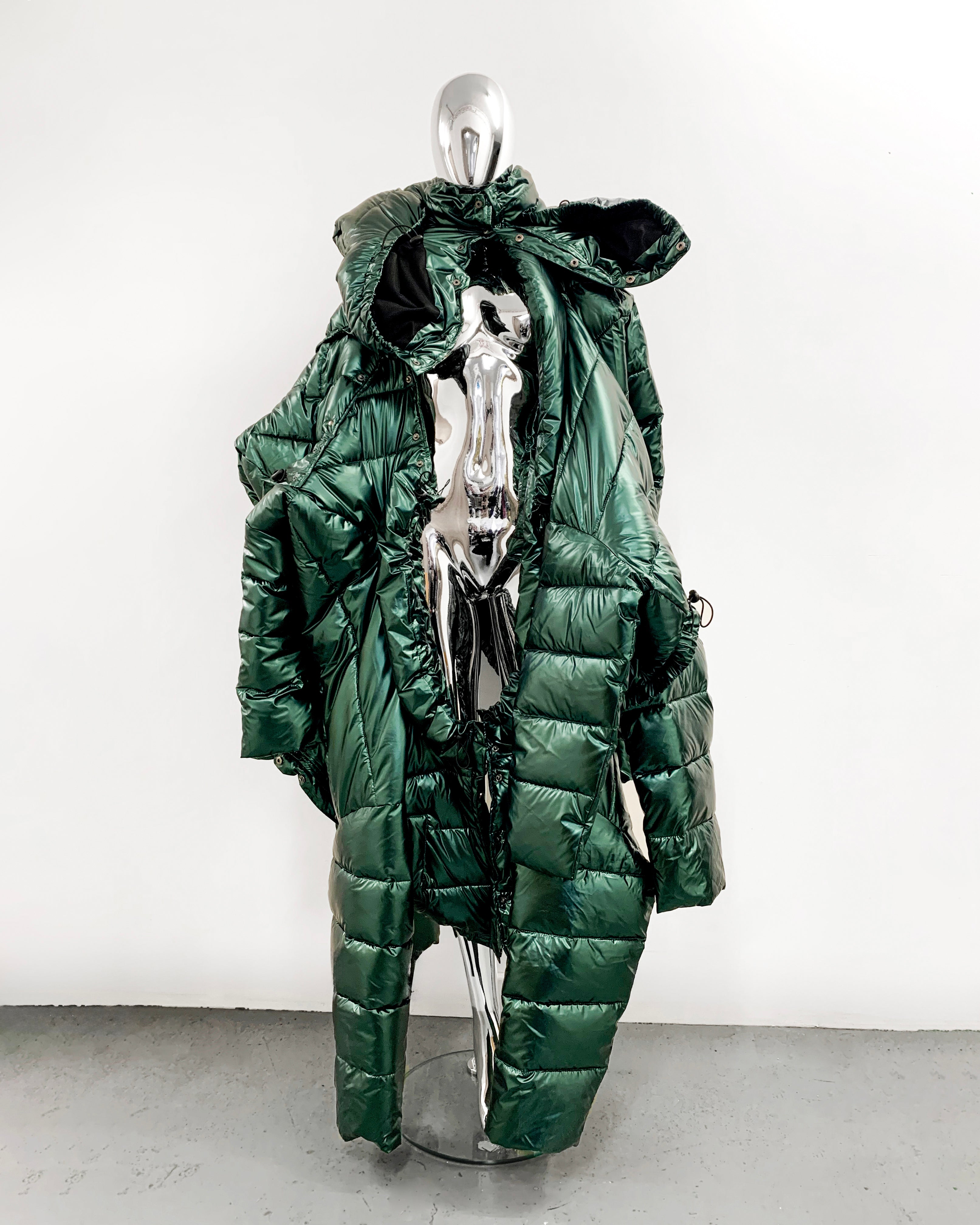 ATÉLIER JIVOMIR repurposed wearable sculpture puf coat CRAFTED AVANT GARDE EXPRESSION BRITISH RACING GREEN