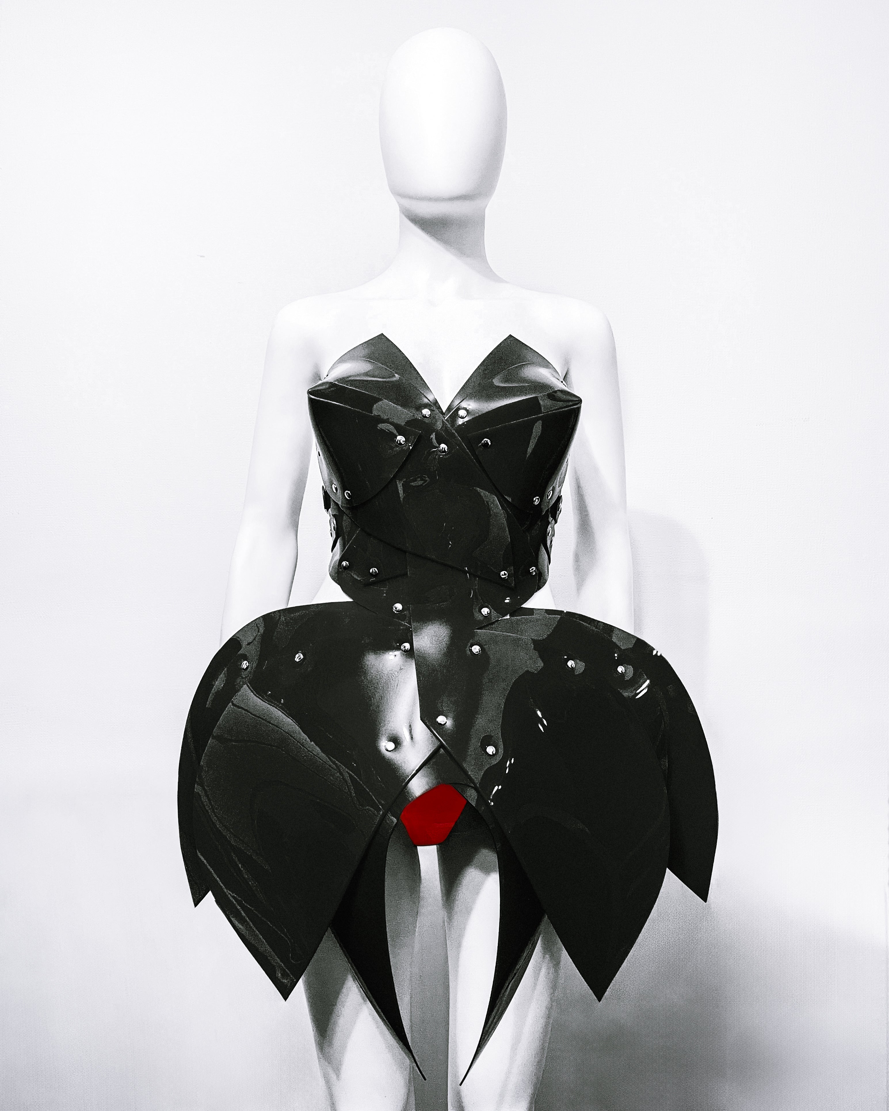 ATÉLIER JIVOMIR  vegan vinyl mini little red dress sculpture kink fetish superhero cosplay luxury hand crafted designer must have crafted couture