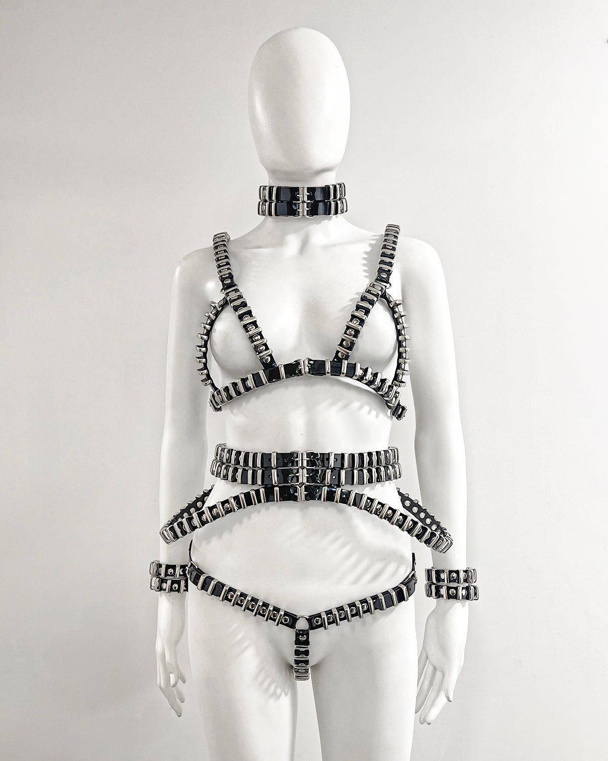 Jivomir Domoustchiev vegan vinyl pvc fashion wearable sculpture hand crafted to order only in East London Atelier independent luxury brand bras and panties knickers  braves set collar choker kink belt 