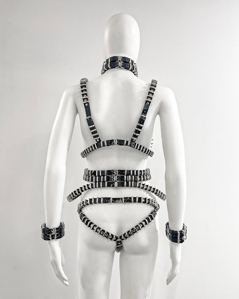 Jivomir Domoustchiev vegan vinyl pvc fashion wearable sculpture hand crafted to order only in East London Atelier independent luxury brand bras and panties knickers  braves set collar choker kink belt 