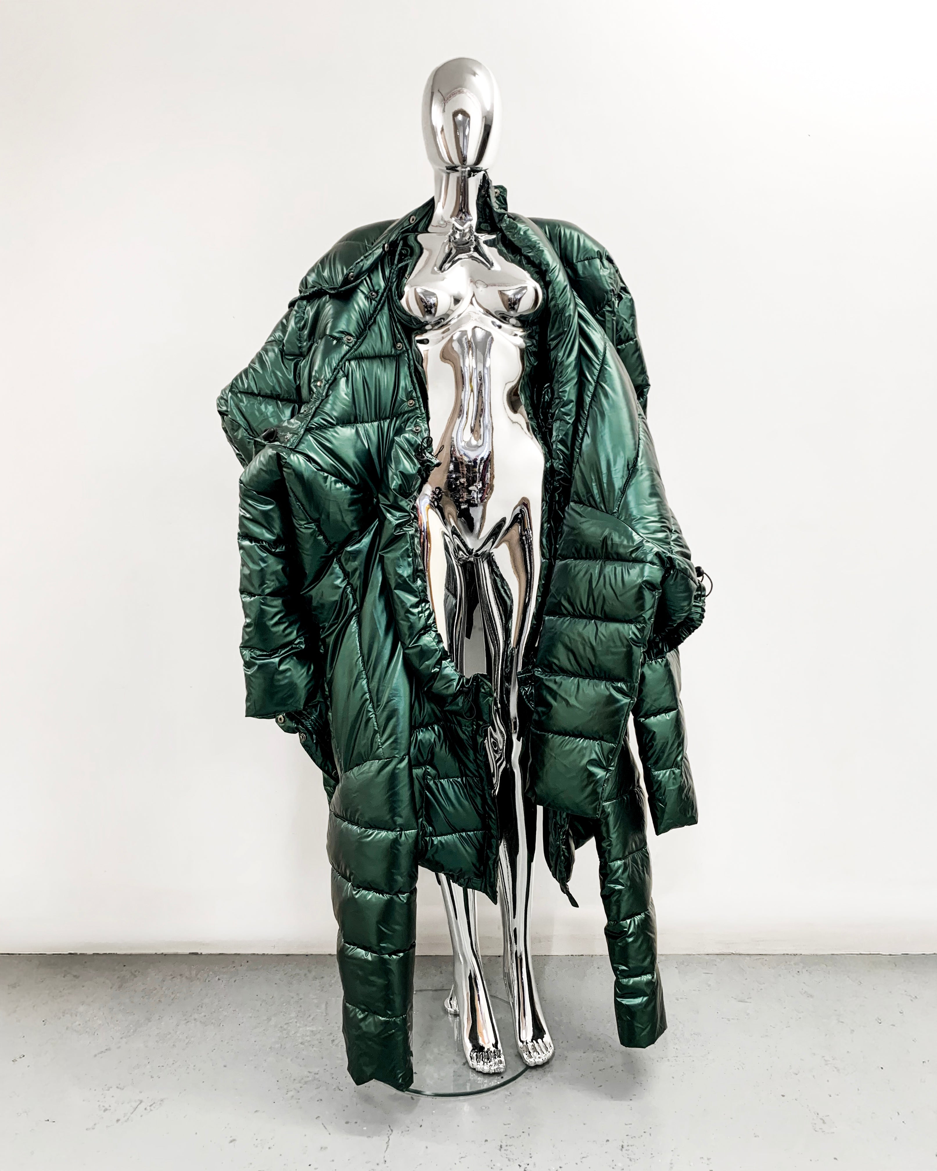 ATÉLIER JIVOMIR repurposed wearable sculpture puf coat teal metallic
