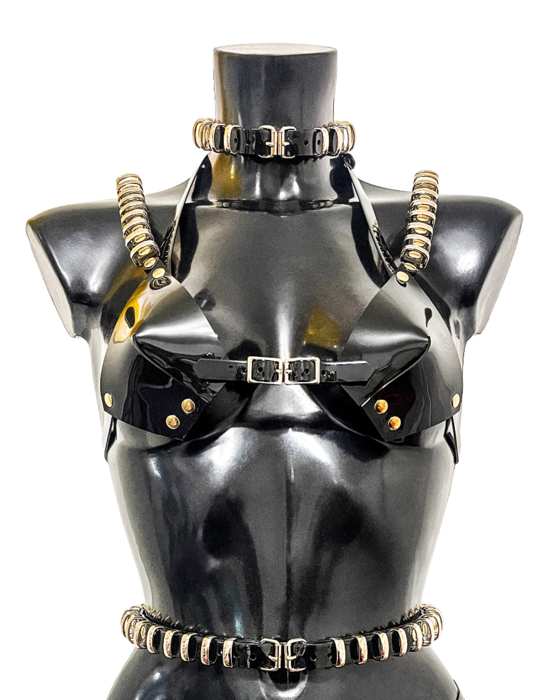 Jivomir Domoustchiev x Julien McDonald vegan vinyl PVC fashion accessories belt harness collar choker bra bustier peplum corset kink cosplay vegan hand crafted London