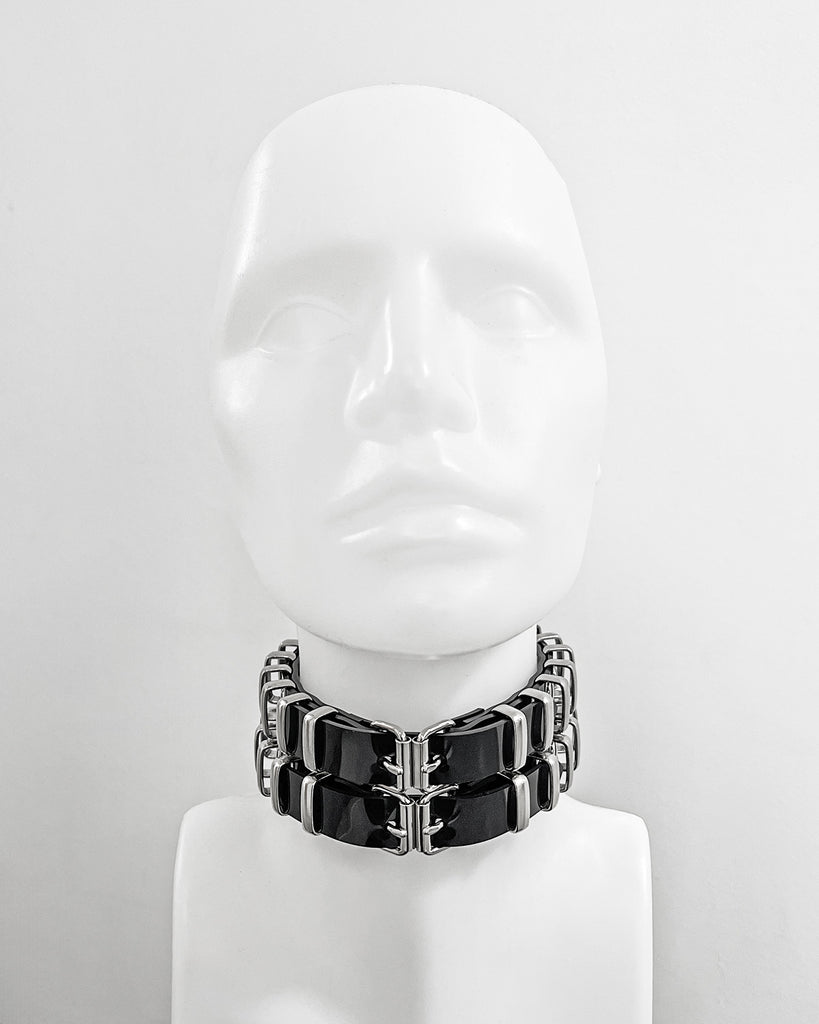 Jivomir Domoustchiev vegan vinyl pvc fashion wearable sculpture hand crafted to order only in East London Atelier independent luxury collar choker cuffs must've accessories