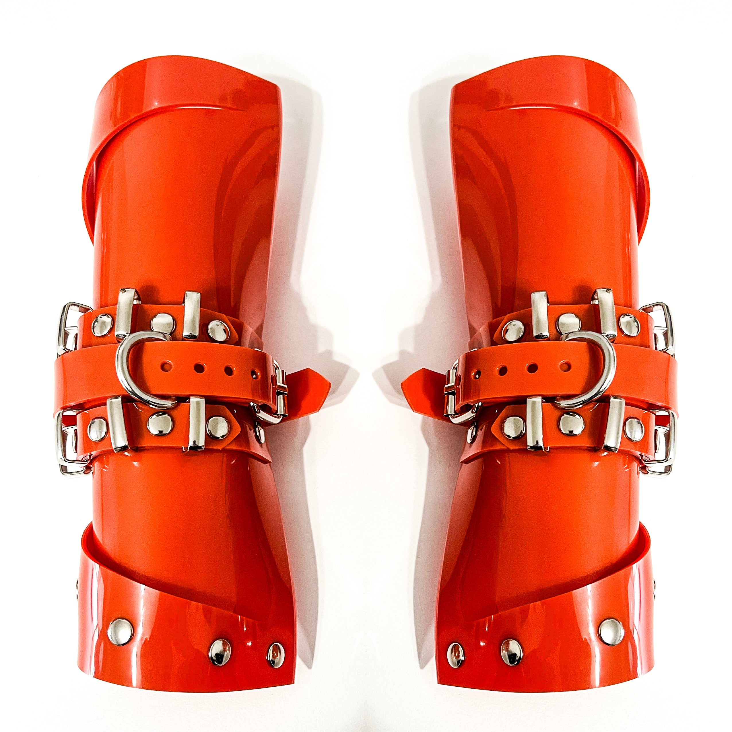 Jivomir Domoustchiev vegan vinyl sculpture cuffs with mini rings gauntlets cosplay ink fashion future